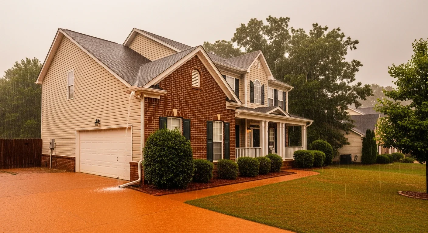 Fort Mill SC suburban two-story brick and vinyl home in a York County subdivision during a heavy thunderstorm with rain-saturated red clay yard and standing water at the foundation
