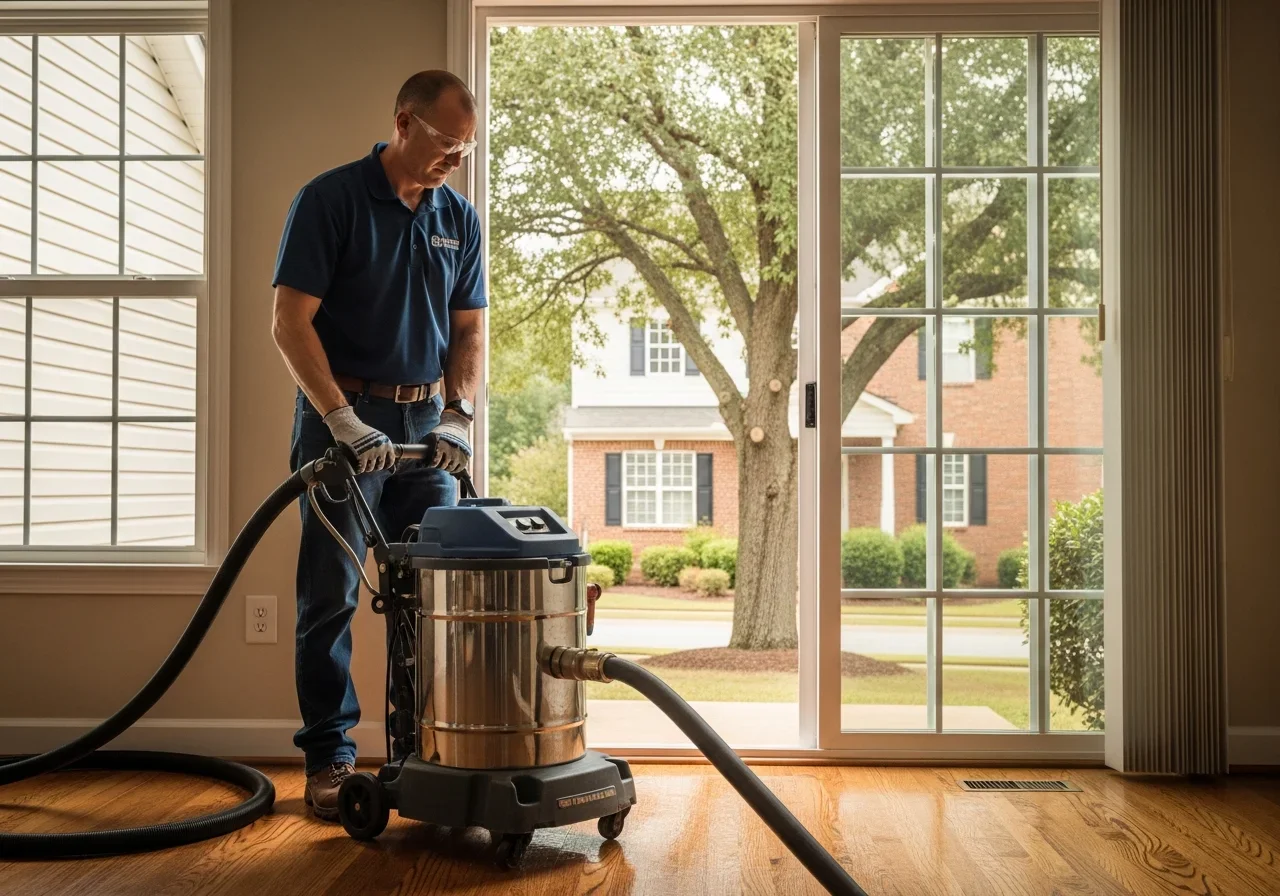 Palm Build restoration technician in a branded polo shirt operating commercial water extraction equipment in a Fort Mill SC two-story home with hardwood floors and brick exterior visible through sliding doors