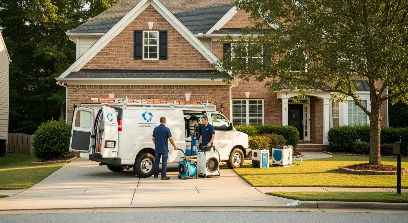 Palm Build restoration work van parked in a Fort Mill SC two-story brick and vinyl suburban home driveway with technicians unloading water extraction equipment on a sunny morning