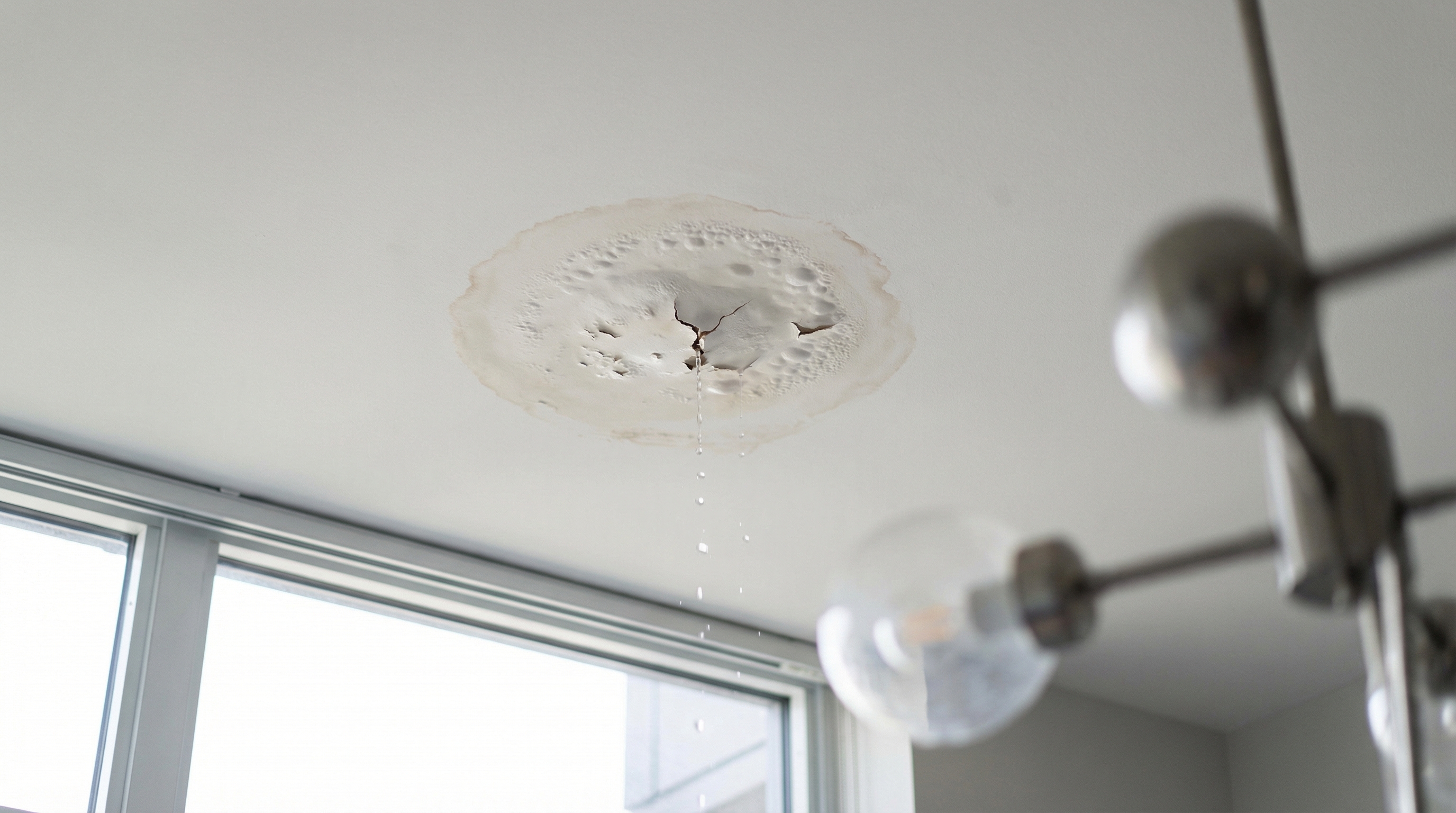 Active water leak from above unit causing spreading water stain and dripping on a condo ceiling