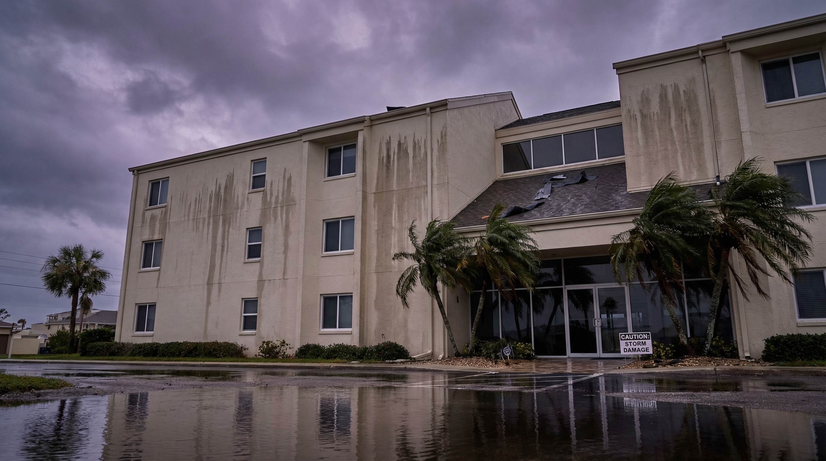 Florida condominium building exterior showing water intrusion stains from hurricane damage with displaced roof shingles and post-storm overcast sky