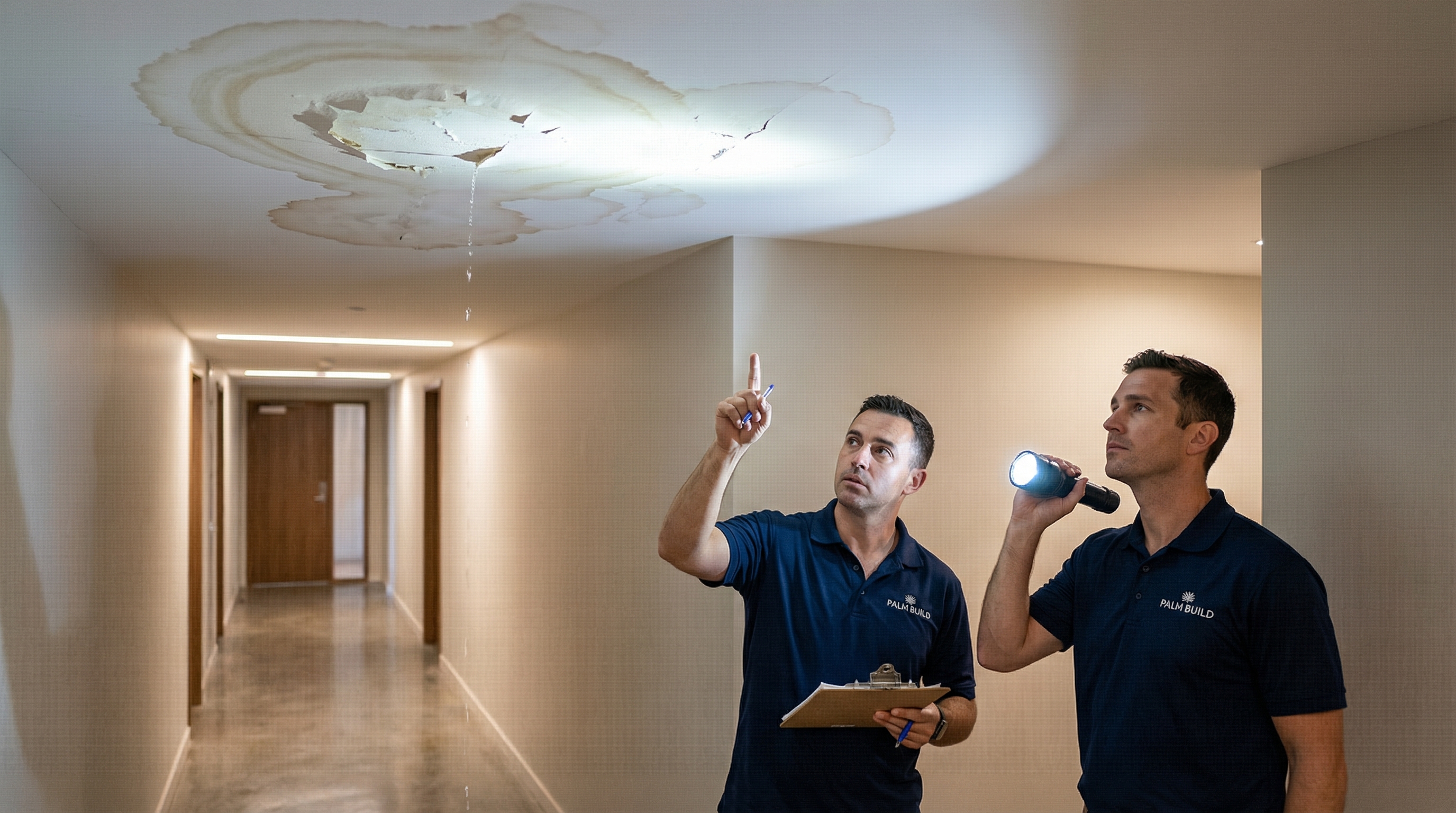 Palm Build restoration team assessing water damage on a condominium building hallway ceiling with visible water stains and bubbling paint
