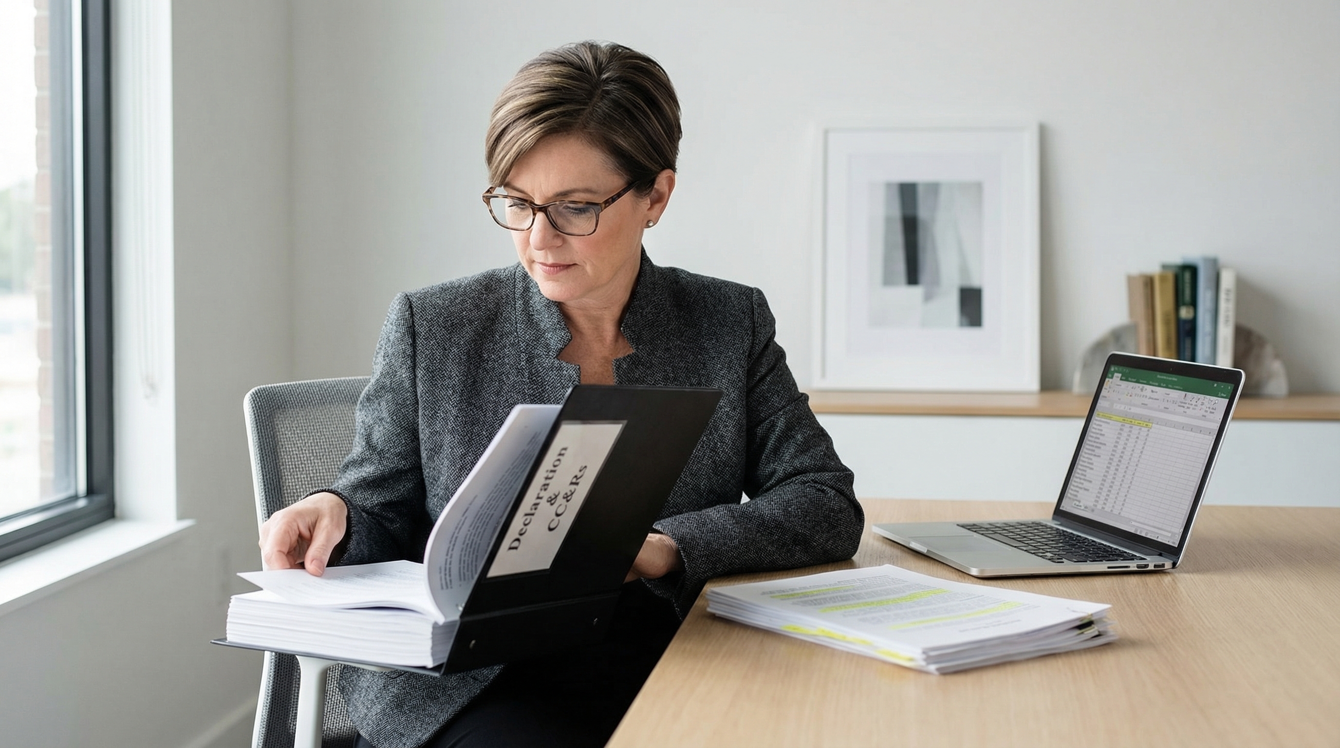 Property manager reviewing HOA declaration and CC&R governing documents at a desk to determine water damage responsibility