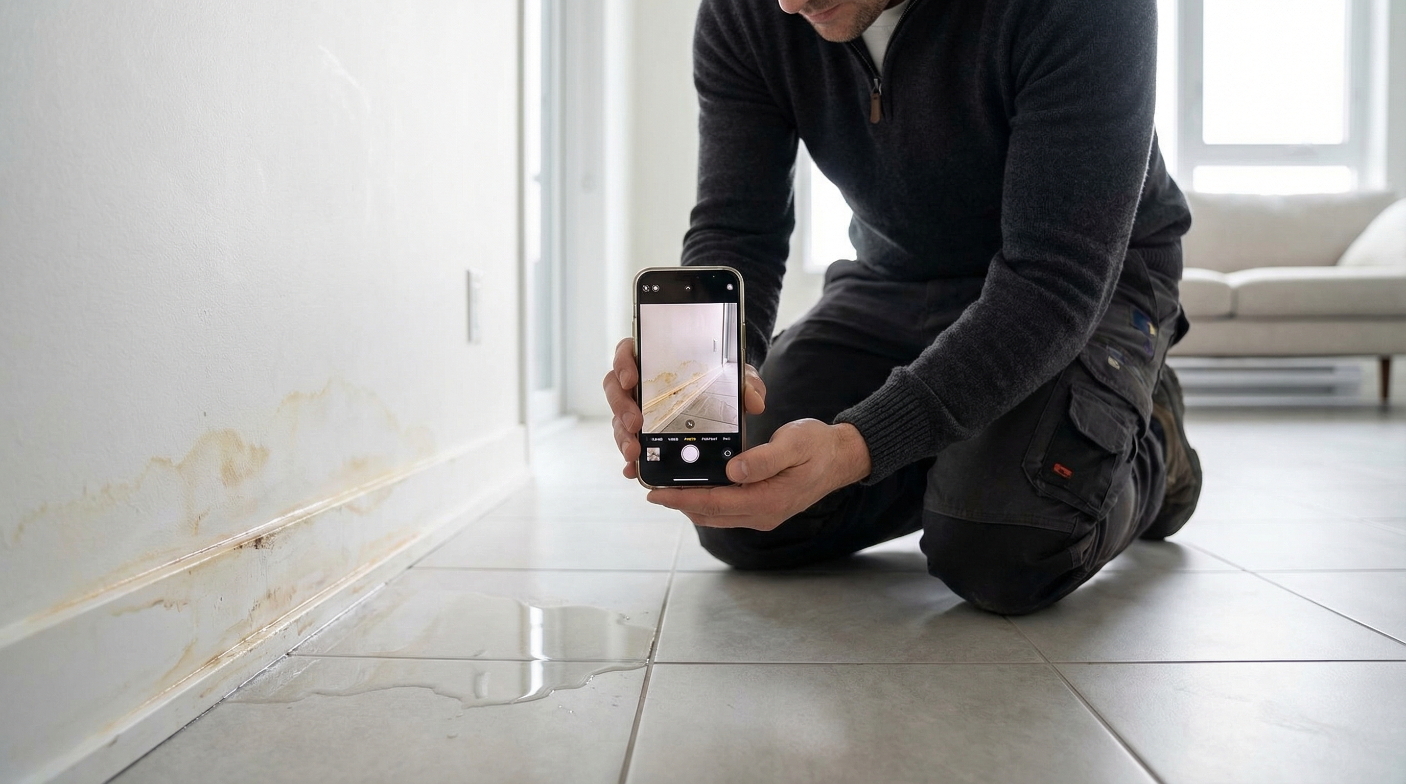 Homeowner using smartphone to photograph water damage on condo wall and baseboard for insurance claim documentation