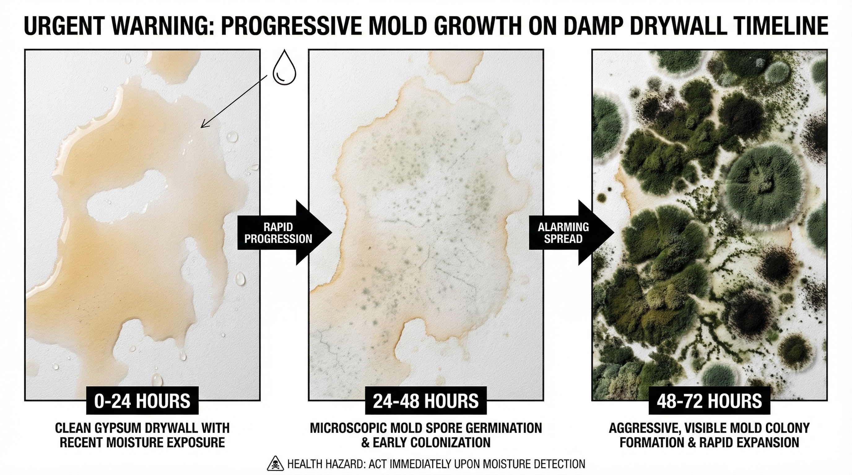 Educational timeline infographic showing mold growth progression on damp drywall from 0 to 72 hours, with visible colonies forming after 48 hours