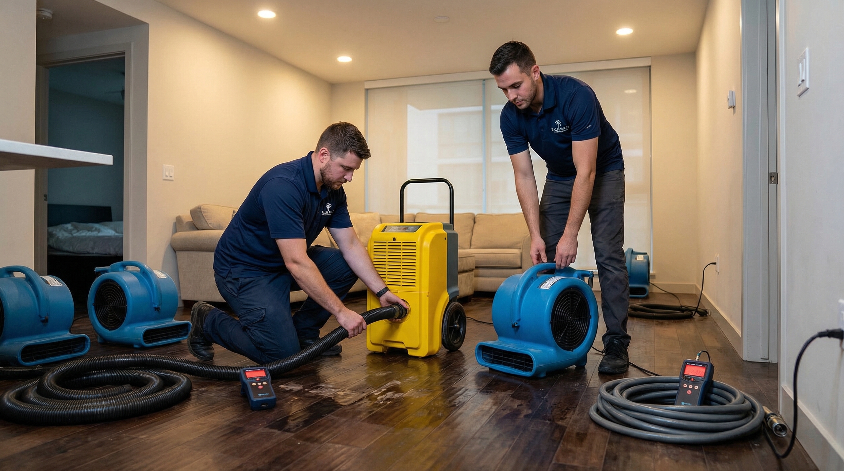 Palm Build restoration crew setting up commercial dehumidifiers and air movers in a water-damaged condo unit living room