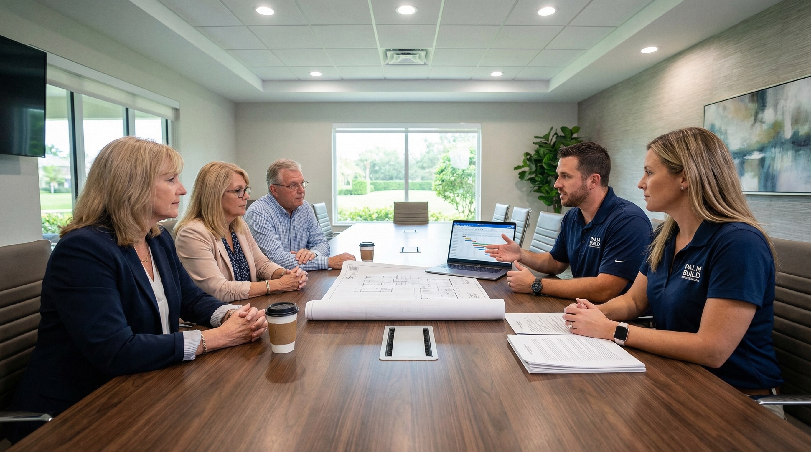 Palm Build restoration team members meeting with HOA board and property manager in a community meeting room to coordinate water damage response