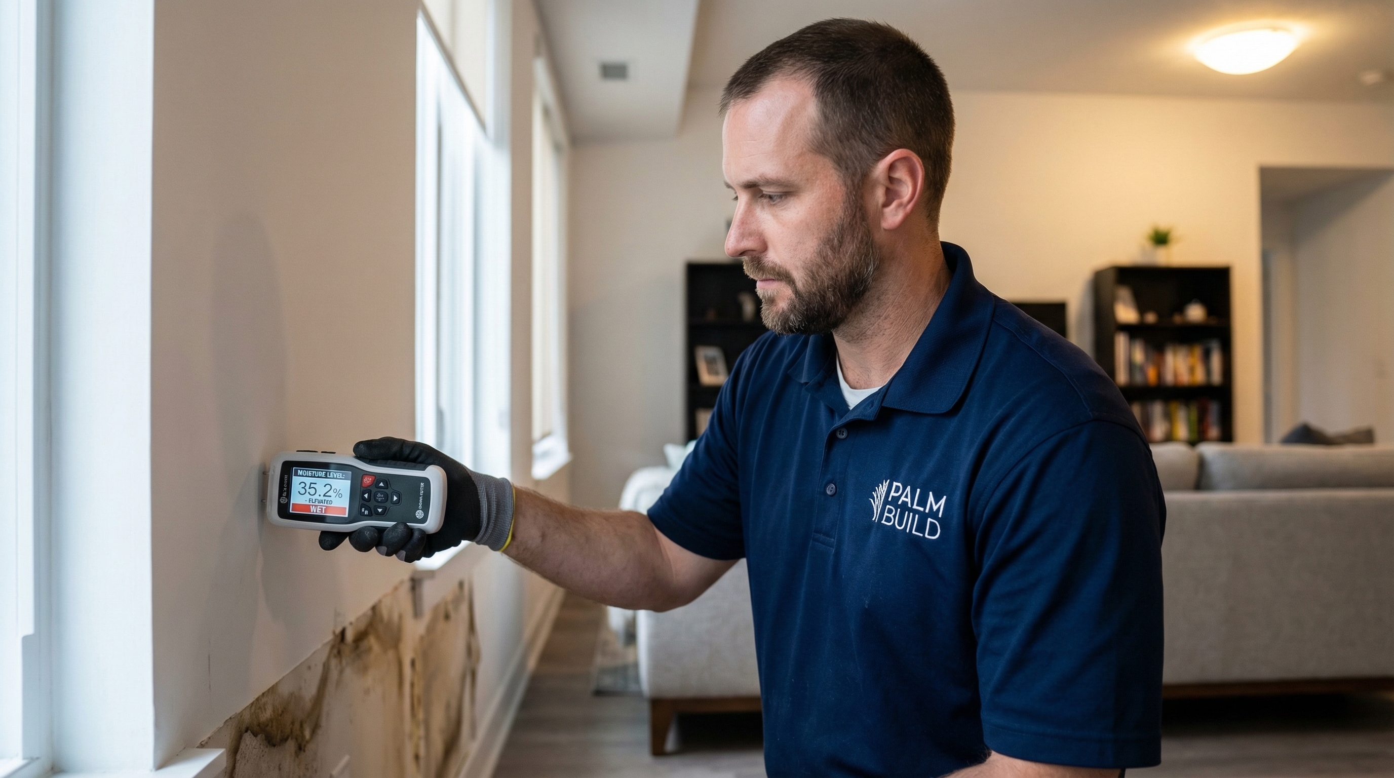 Palm Build restoration technician using a digital moisture meter to detect hidden water damage on a condo wall