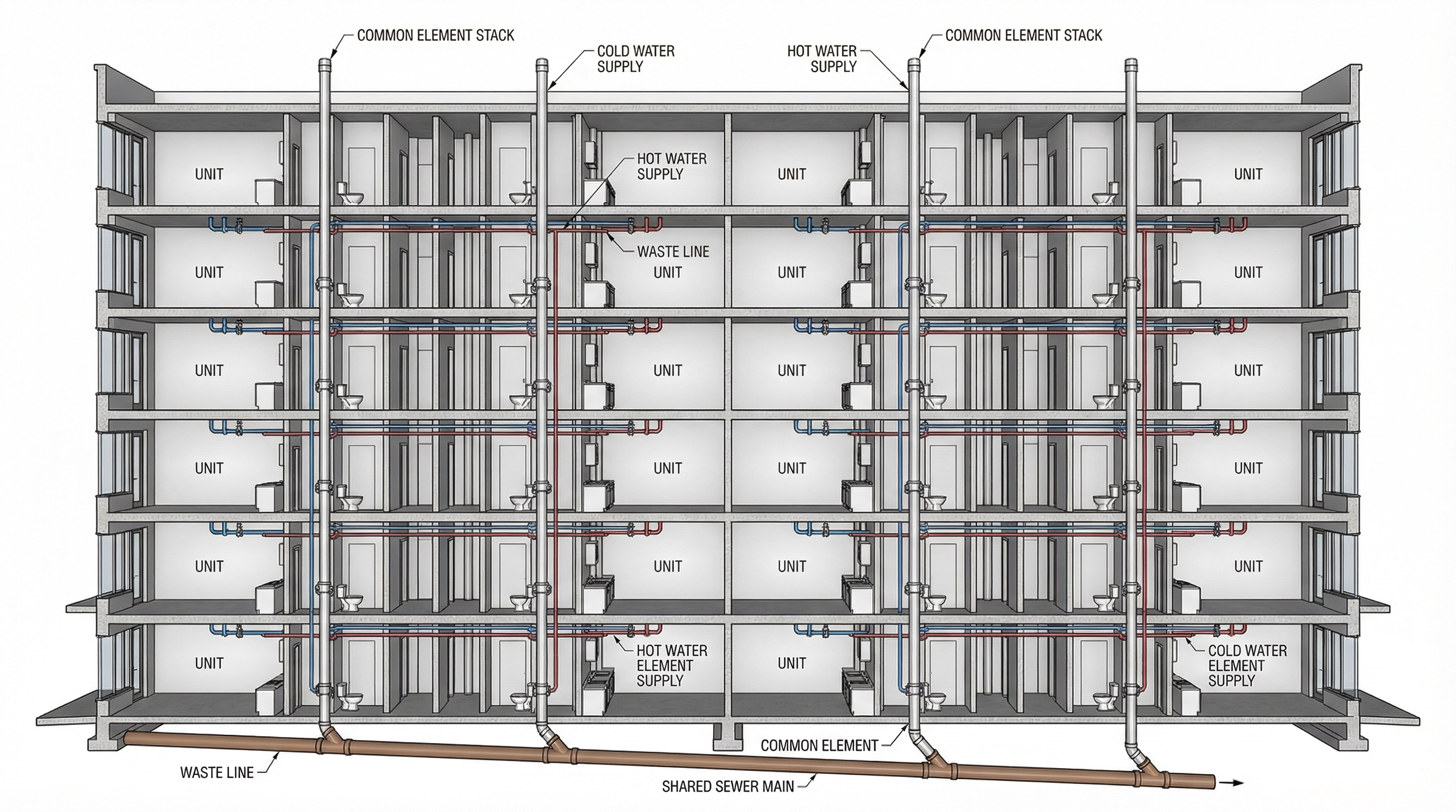 Architectural cutaway diagram showing shared plumbing stacks and branch lines in a multi-story condominium building