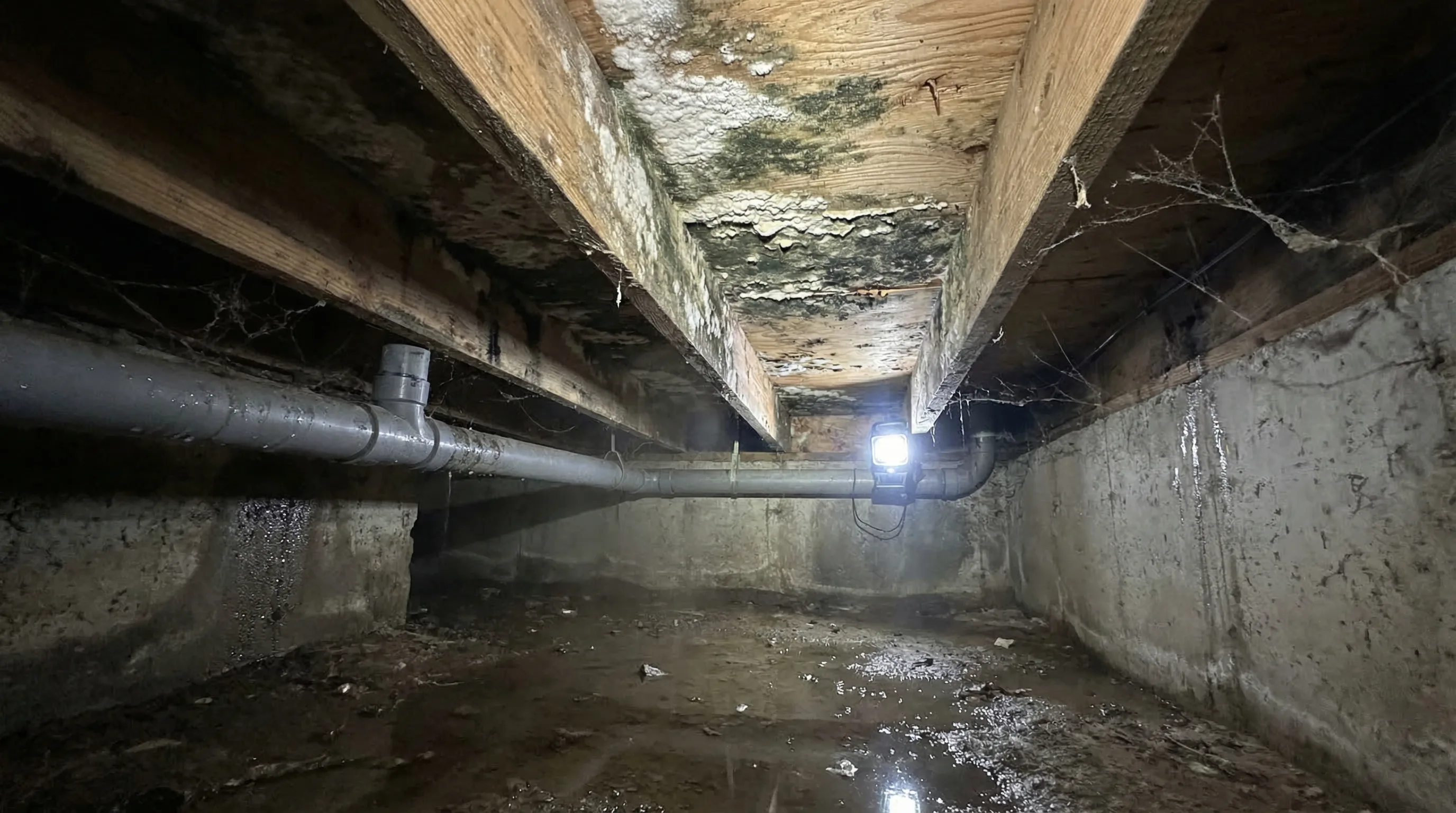 Residential crawl space with visible moisture damage and mold growth on wooden floor joists