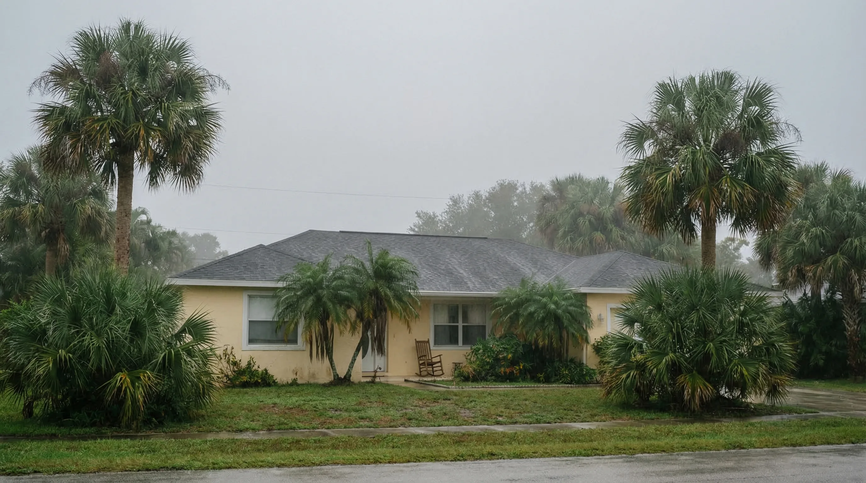 Florida residential home exterior surrounded by tropical palm trees and lush vegetation on a humid overcast day