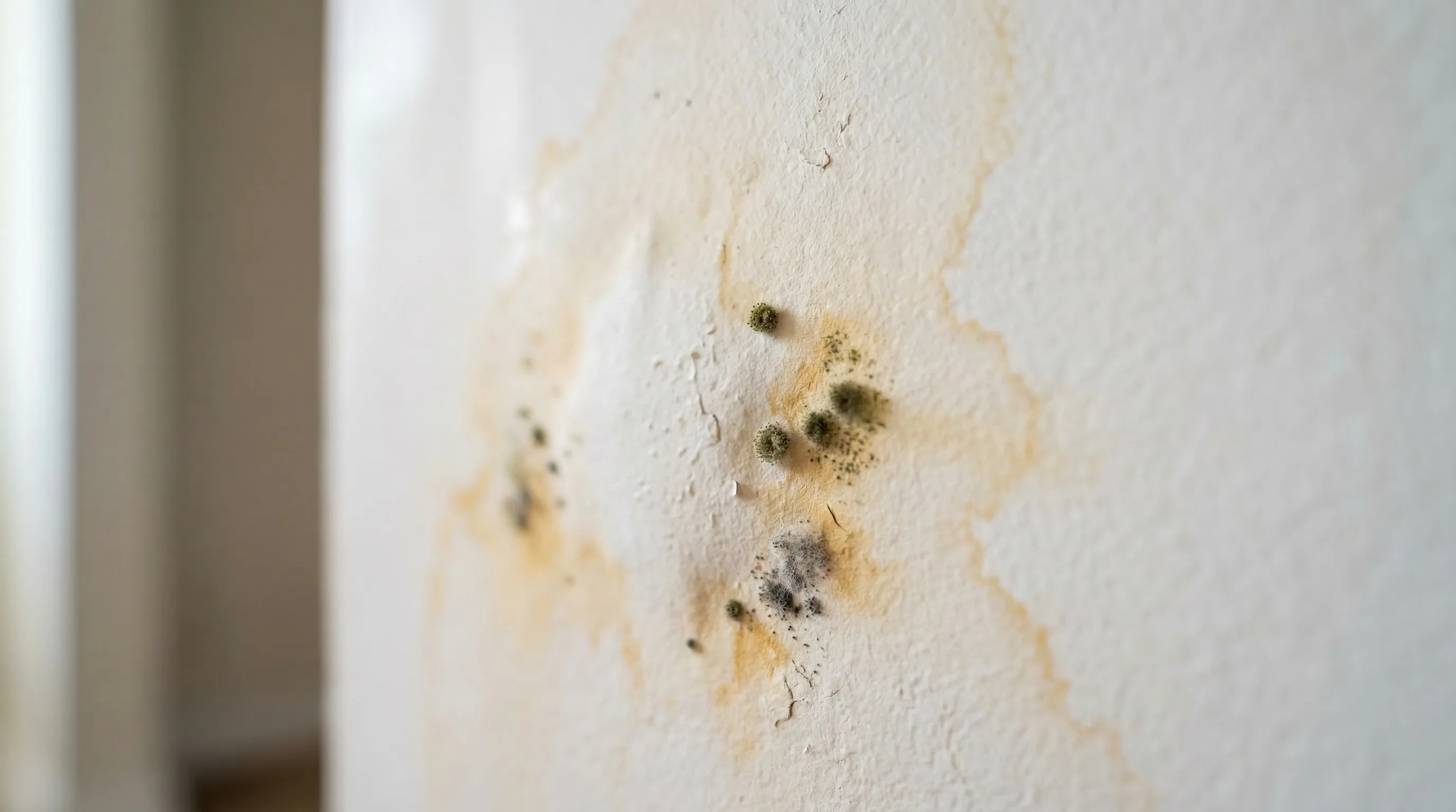 Early-stage mold growth forming on water-damaged drywall in a residential home showing moisture stains and dark mold spots