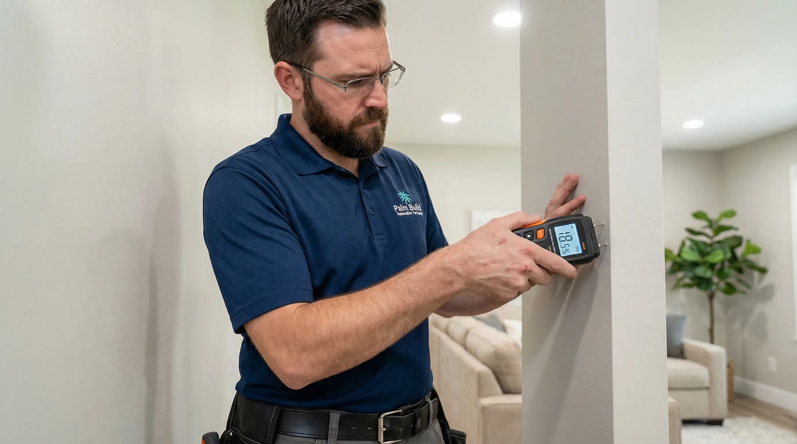 Restoration technician using a digital moisture meter to test a residential wall for hidden water damage during a mold prevention inspection