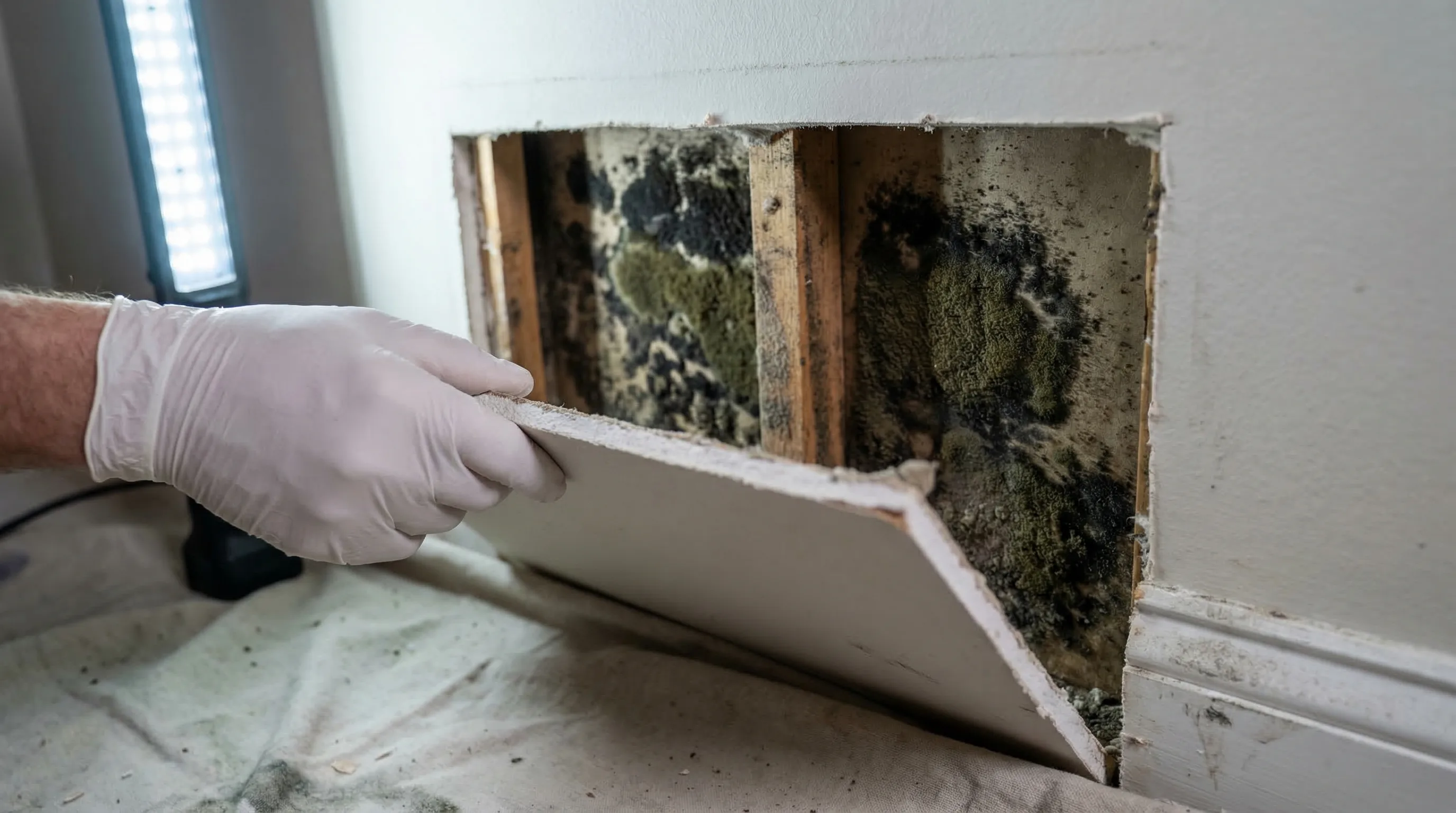 Opened drywall section revealing extensive hidden mold growth behind the wall on studs and sheathing