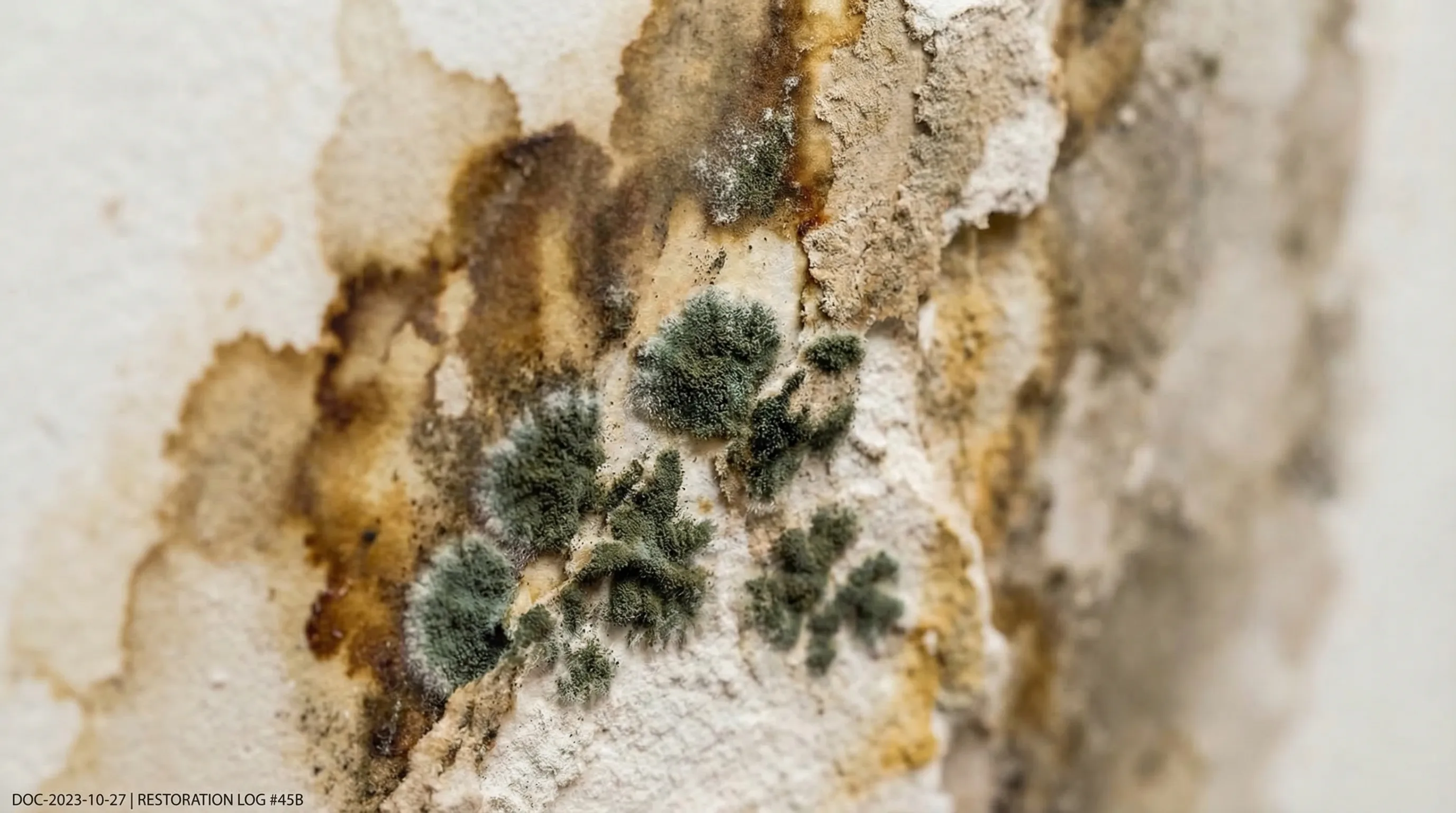 Mold colonies beginning to form on water-stained residential drywall showing the progression from moisture damage to active mold growth