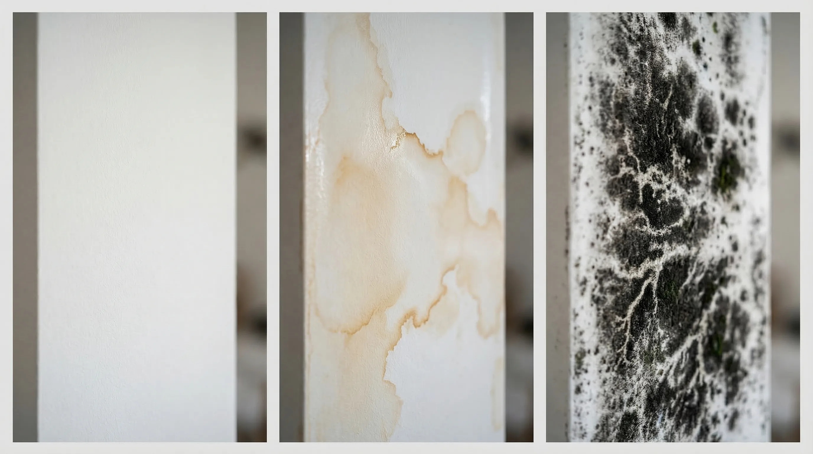 Three-stage visual showing the progression from clean drywall to water damage to visible mold growth over 24 to 48 hours