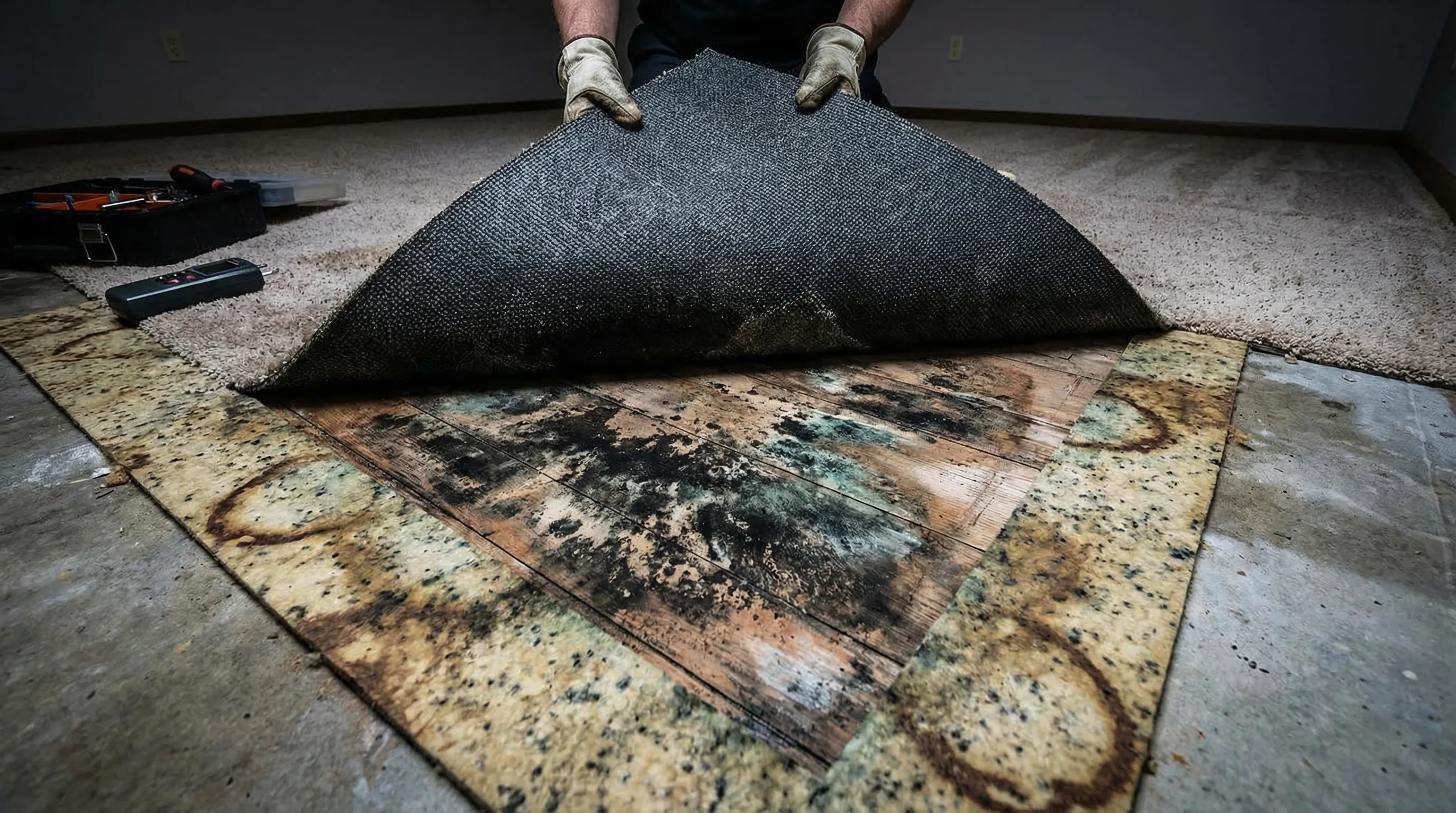 Carpet pulled back to reveal dark mold growth on the subfloor underneath after water damage
