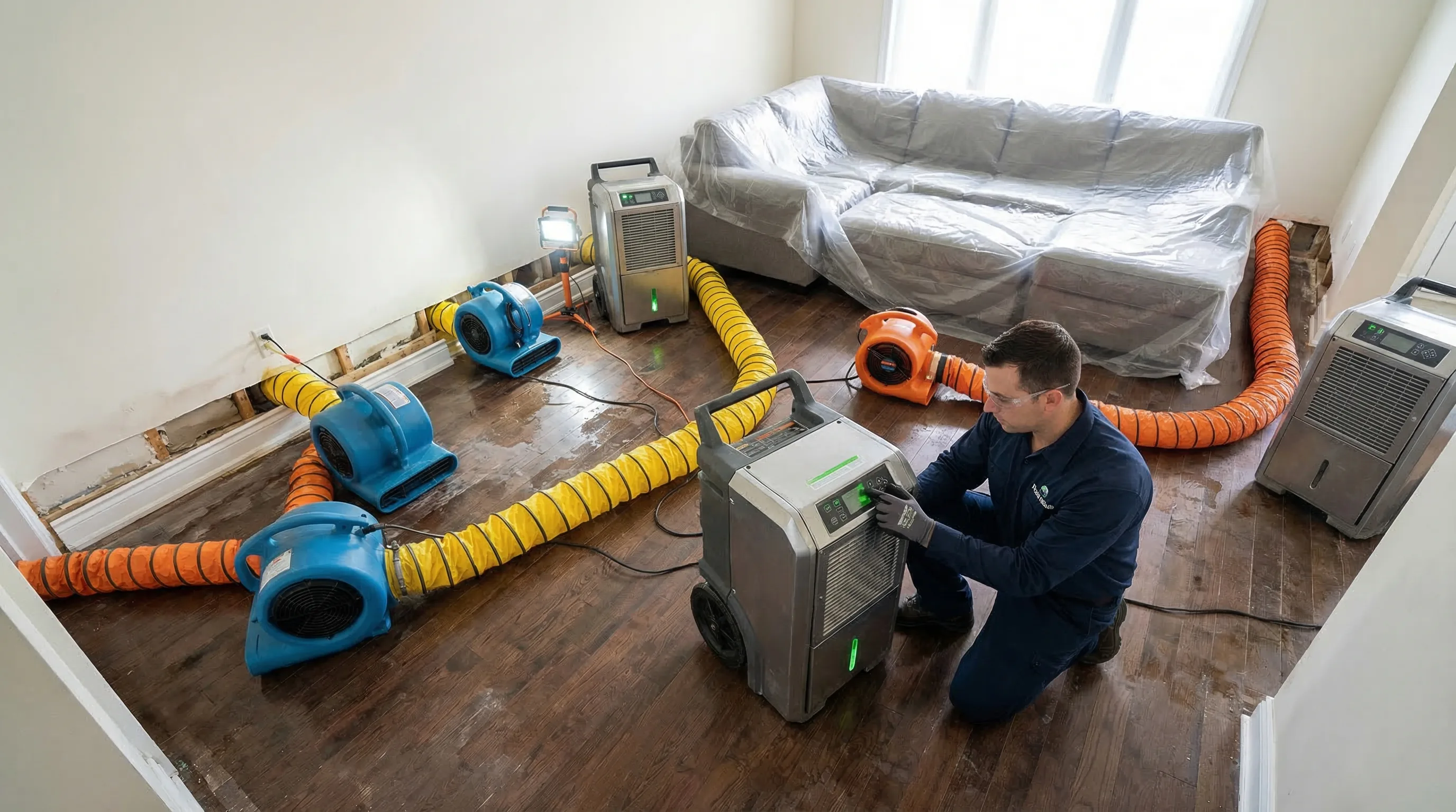 Professional-grade dehumidifiers and high-velocity air movers set up in a water-damaged living room during active restoration drying