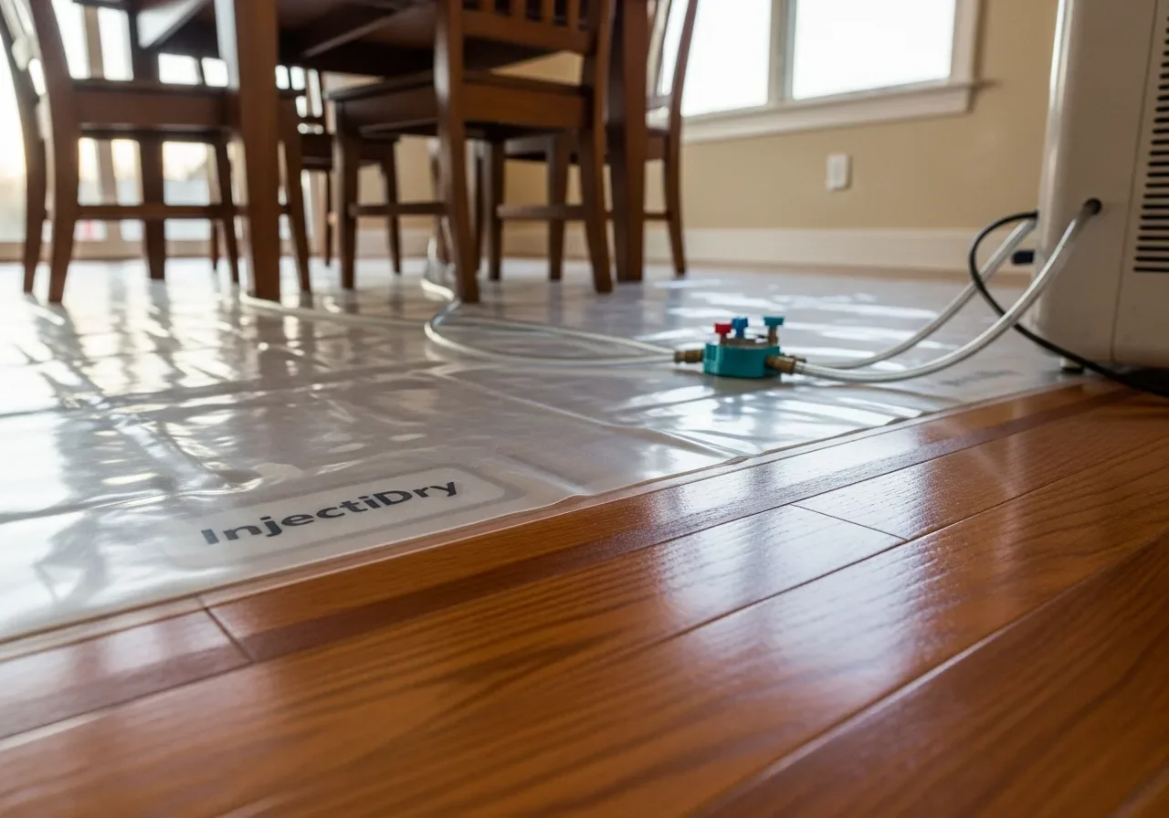 Close-up of an injection-mat specialty drying system on saturated red oak hardwood flooring connected to a manifold and commercial dehumidifier