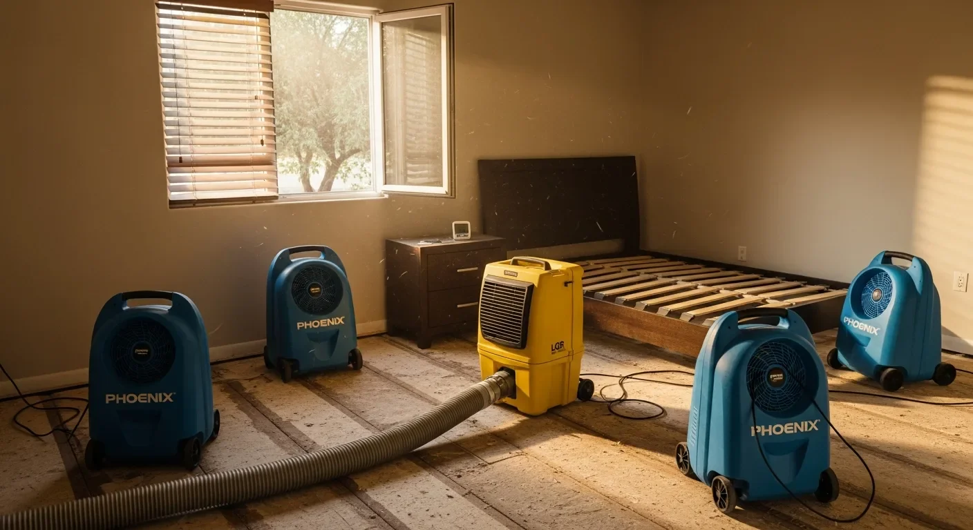 Bedroom on day 3 of water damage drying with four Phoenix axial air movers, a yellow LGR dehumidifier, and a hygrometer reading humidity levels