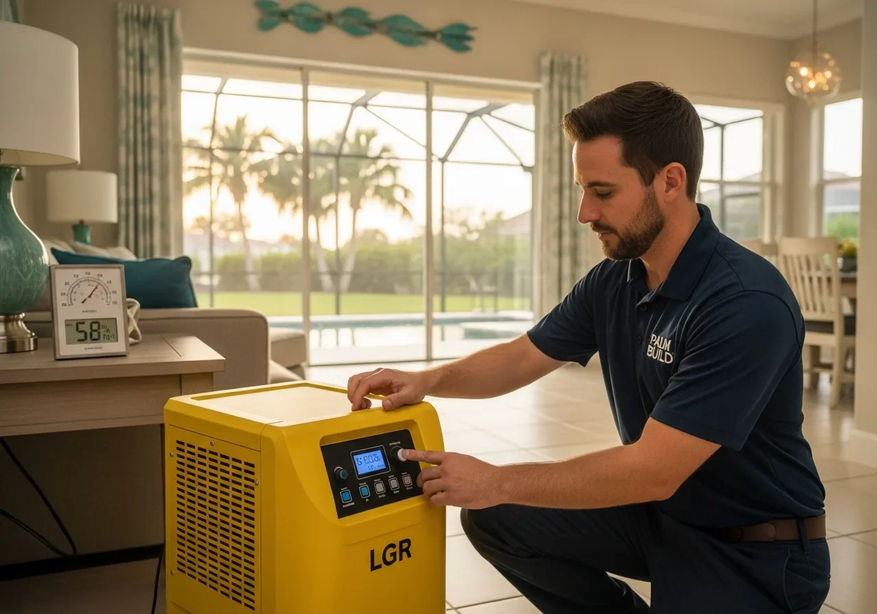 Palm Build technician adjusting a yellow commercial LGR dehumidifier inside a South Florida stucco home with sliding glass doors showing palm trees and a pool cage in golden afternoon light