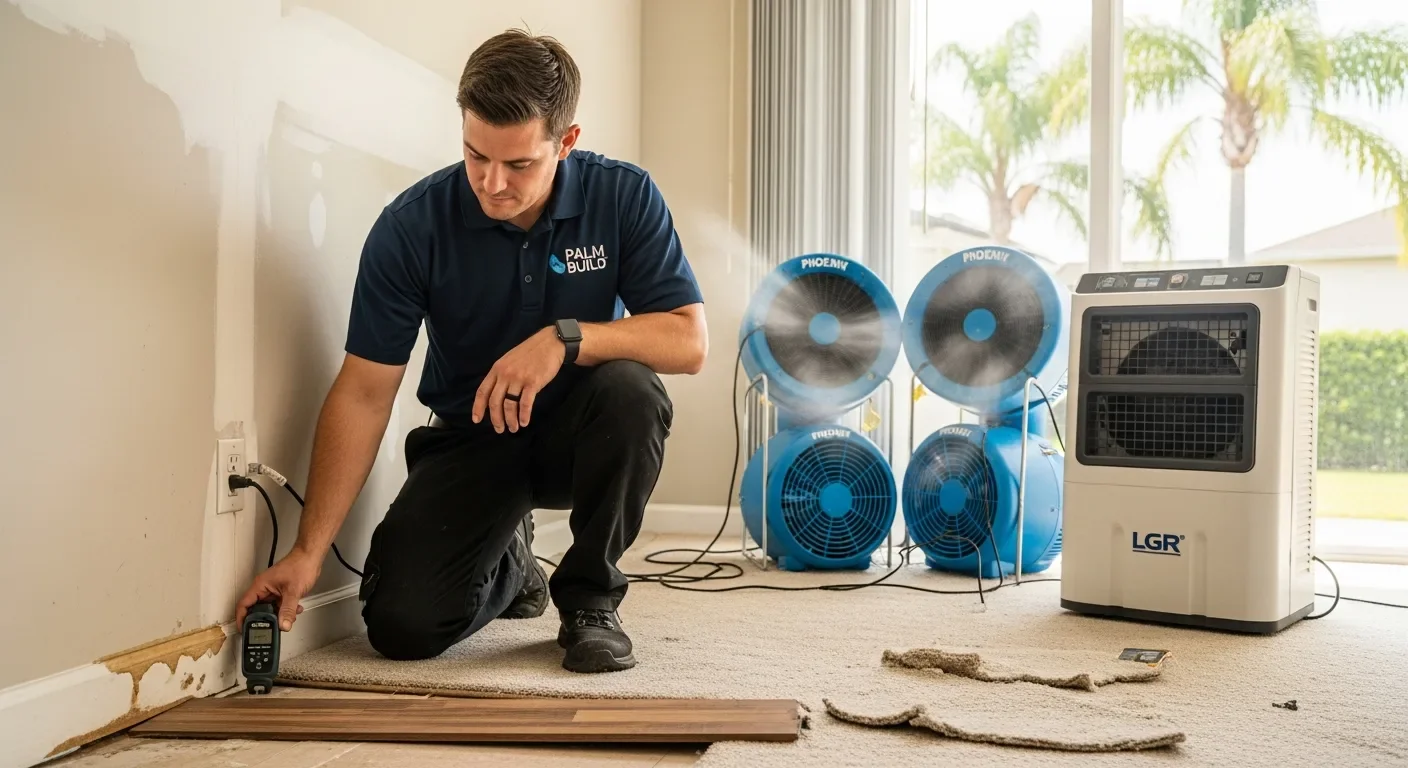 Palm Build restoration technician checking moisture readings on a water-damaged baseboard with commercial air movers and an LGR dehumidifier running behind him in a Florida living room