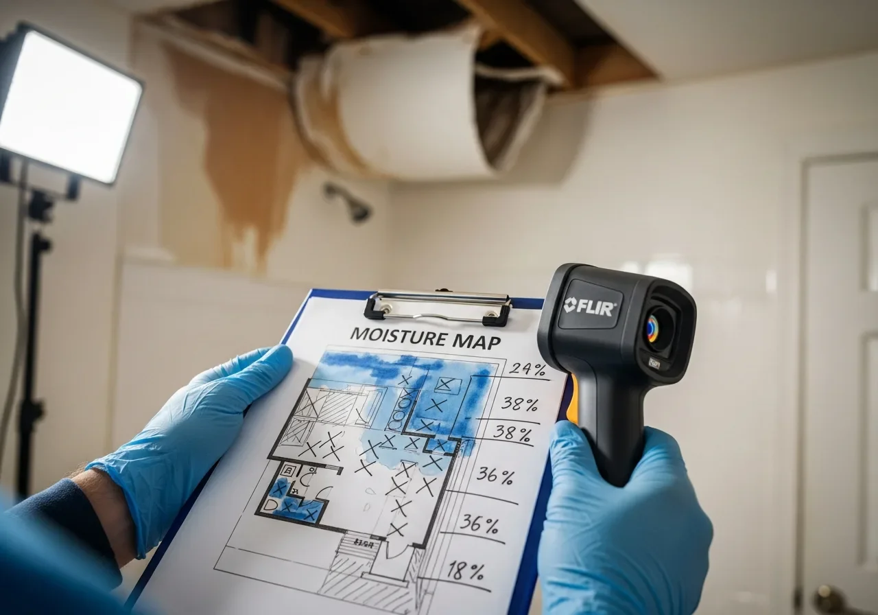 Close-up of a restoration technician's clipboard showing a hand-drawn moisture map with room sketches and percentage readings, with a FLIR thermal imaging camera resting on top