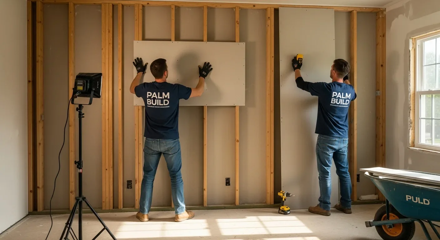 Two Palm Build framers in branded navy shirts hanging new drywall in a previously water-damaged room with fresh stud bays visible