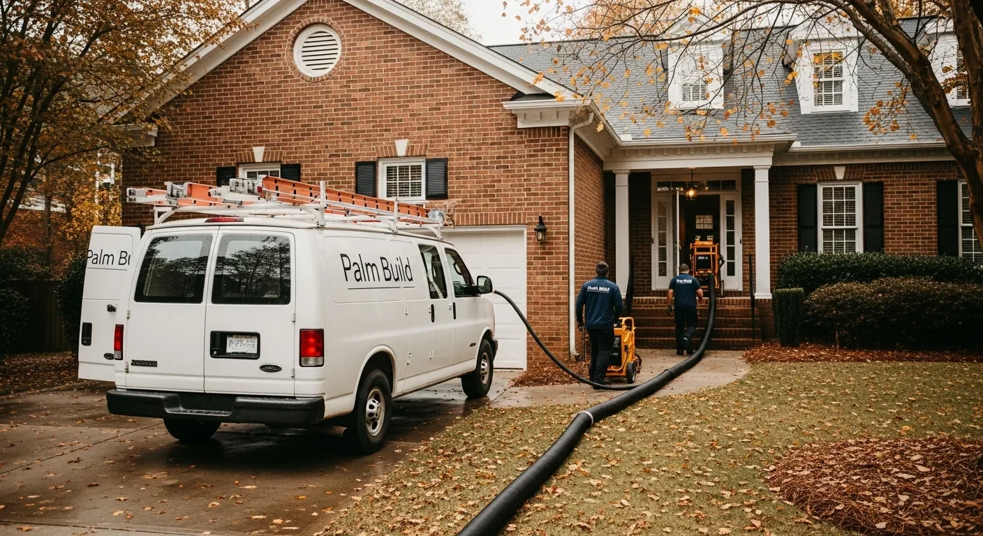 Palm Build work van parked outside a Charlotte North Carolina brick home with a truck-mount water extraction hose running up the walkway through the front door