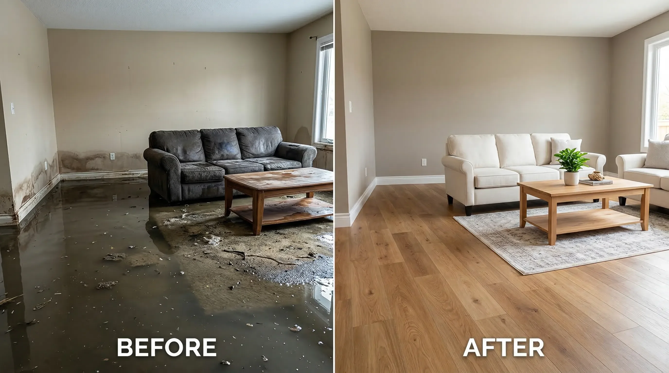 Before and after split image showing a flooded living room transformed into a fully restored space with new flooring and fresh paint