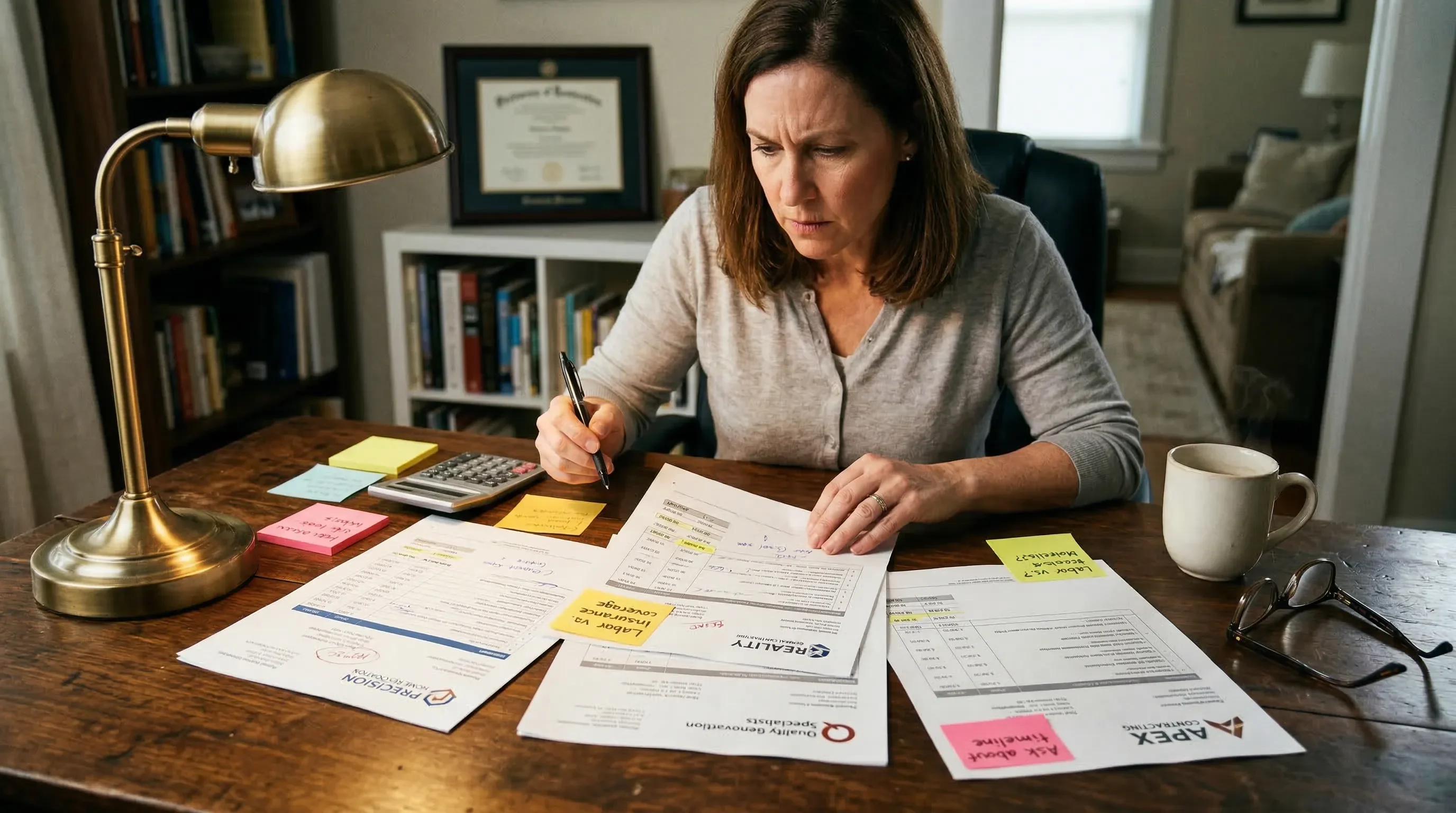 Homeowner at a desk carefully comparing three different restoration estimates with sticky notes and annotations