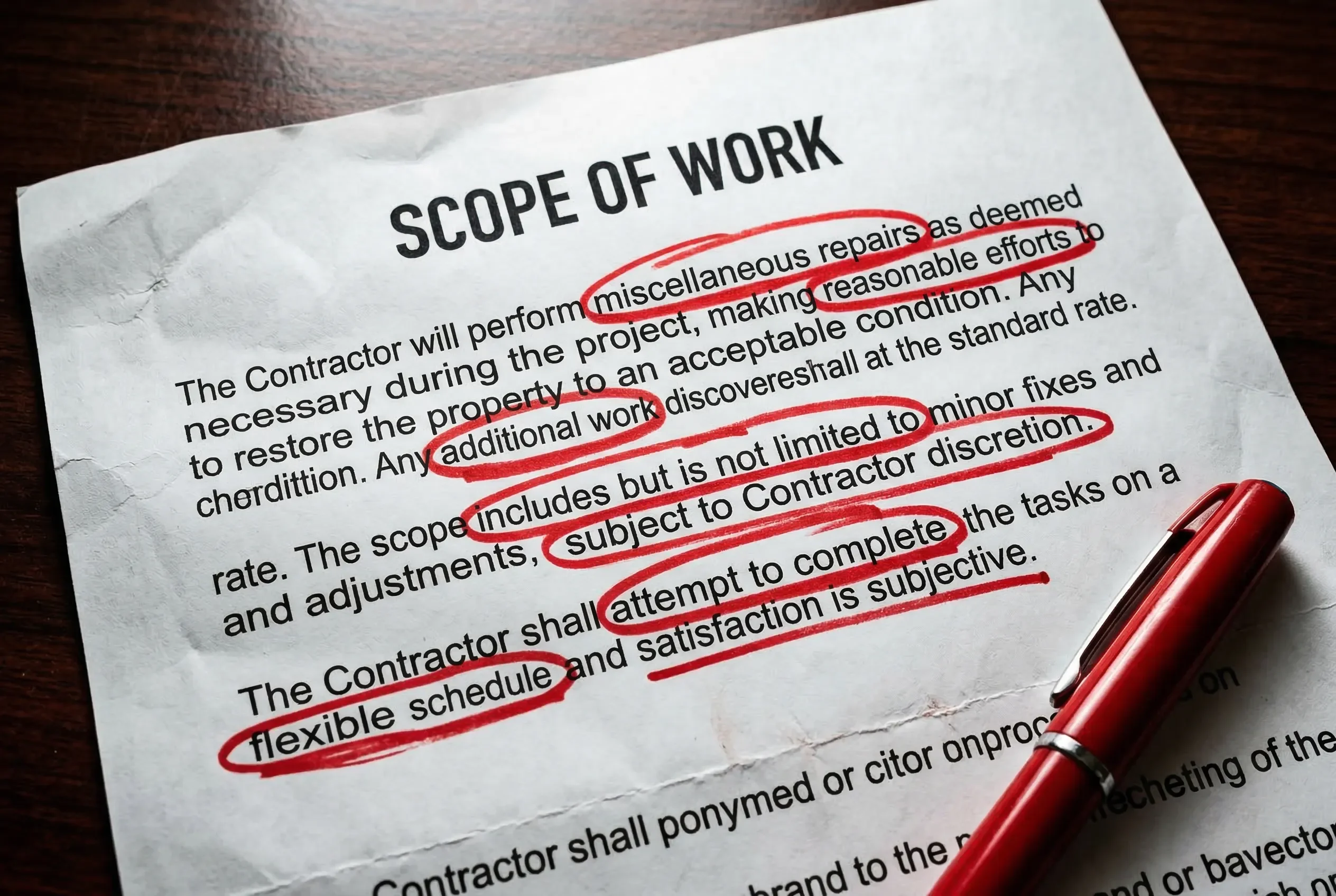Close-up of a restoration contract with red circles highlighting blank fields and vague scope language