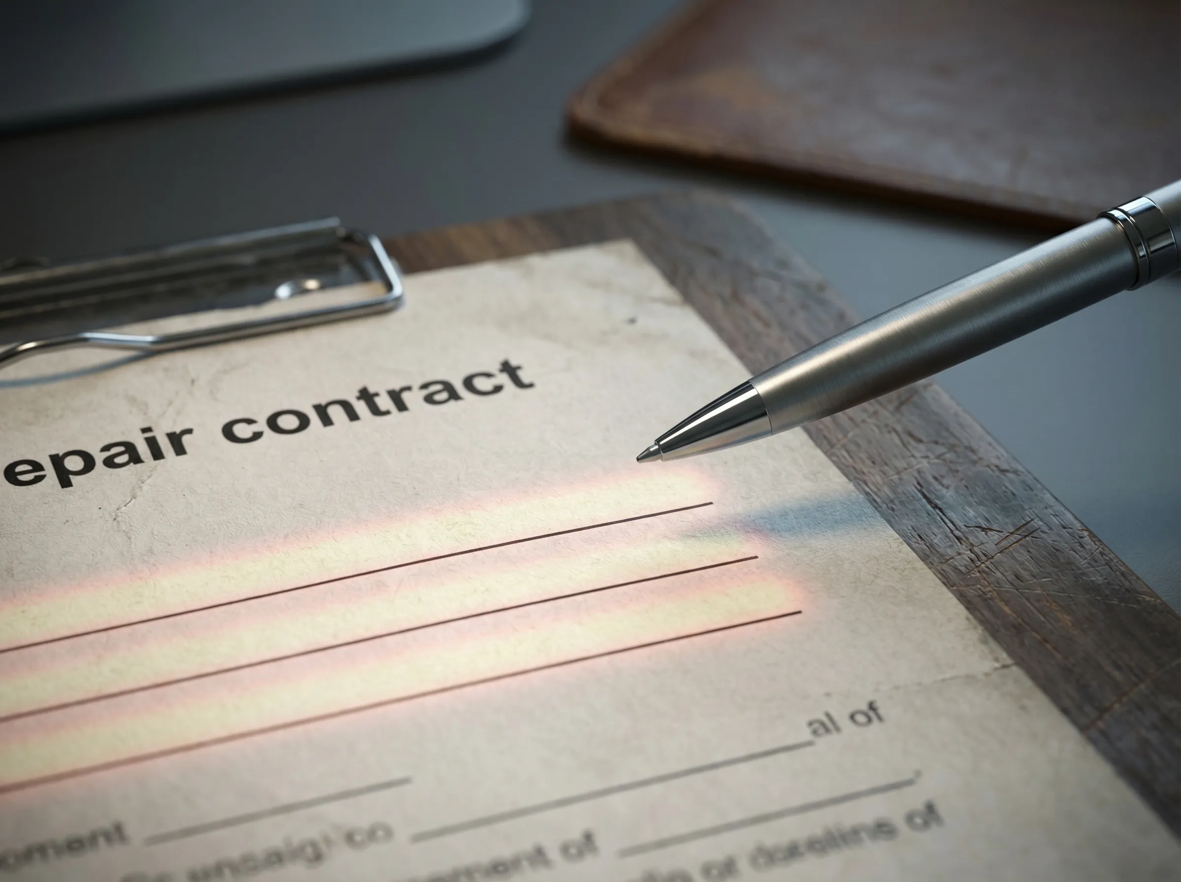 Close-up of a restoration contract showing blank fields and unclear line items