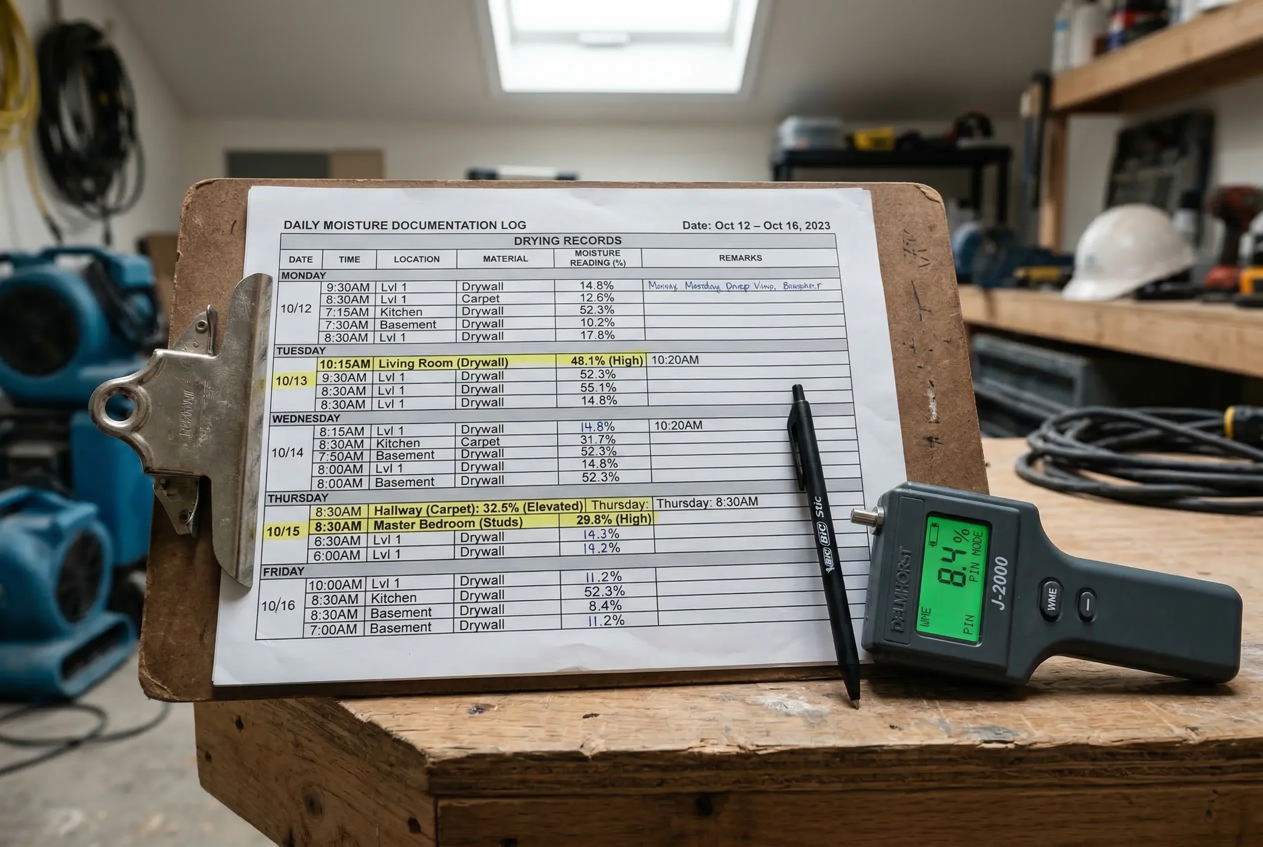 Close-up of daily moisture documentation logs on a clipboard with handwritten readings, dates, and room locations alongside a moisture meter