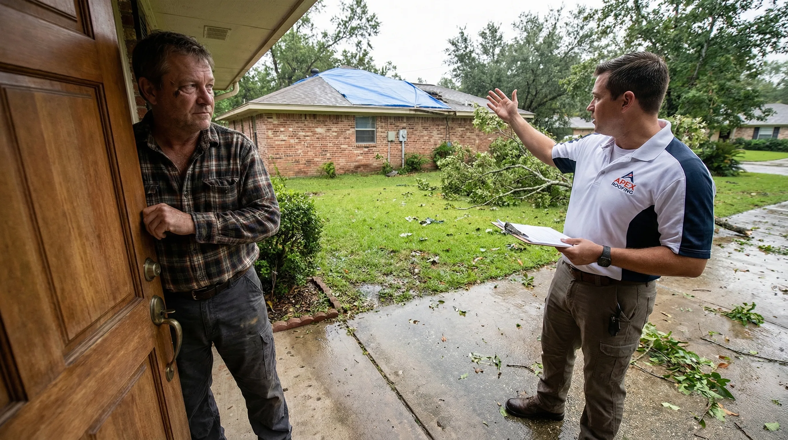 Homeowner speaking at the door with an unsolicited contractor after storm damage