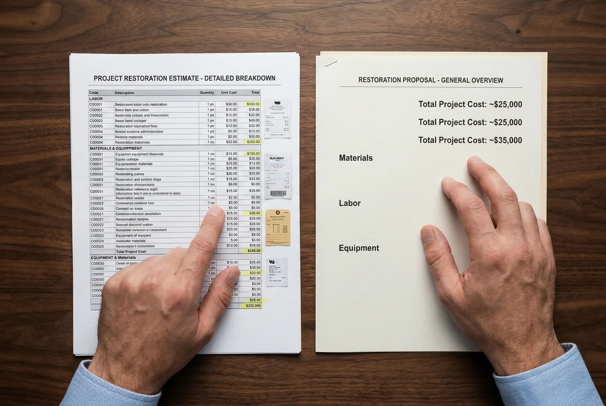 Two restoration estimates side by side on a desk with highlighted differences in line-item detail