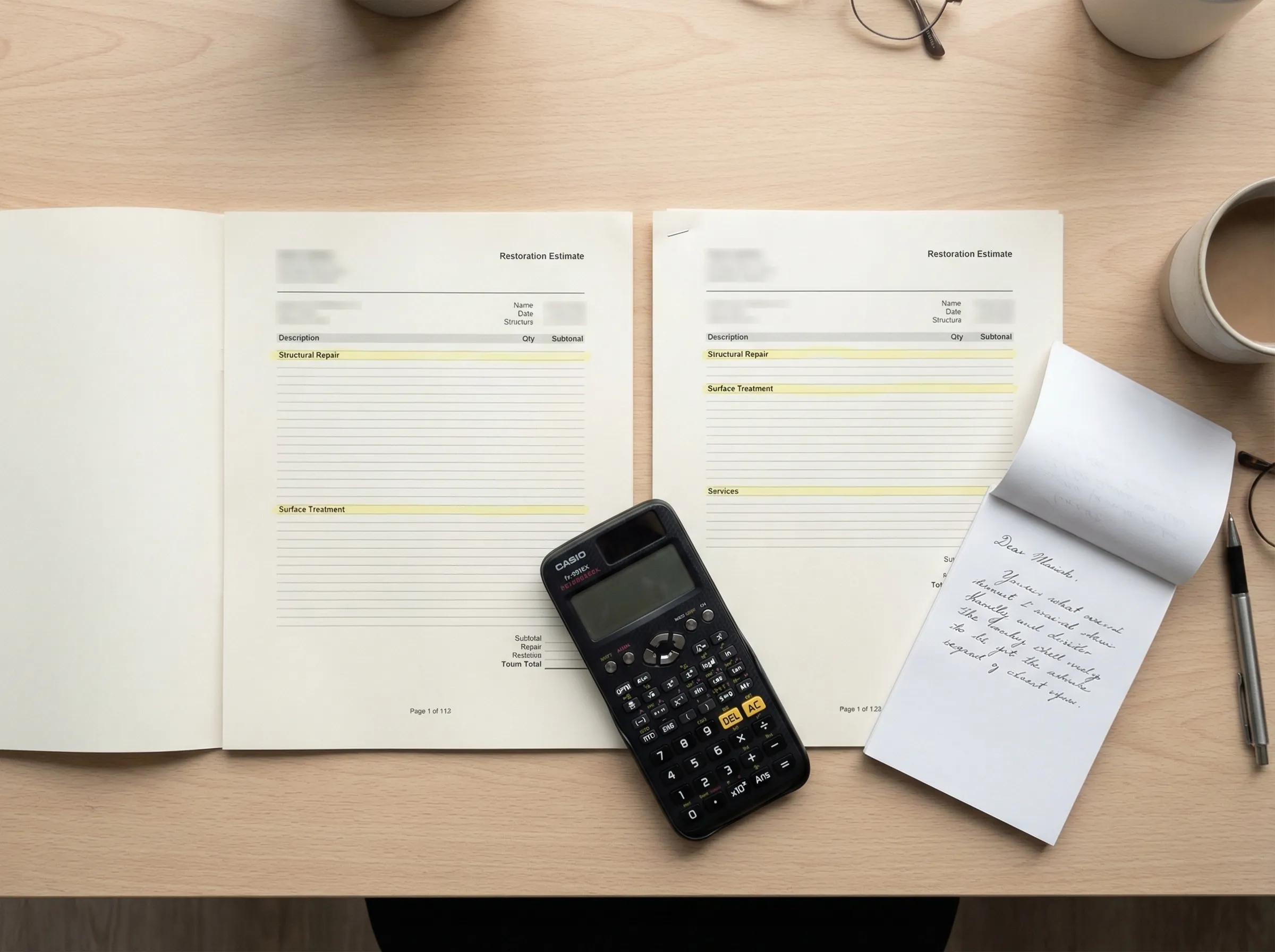 Side-by-side restoration estimates with line-item cost comparison notes