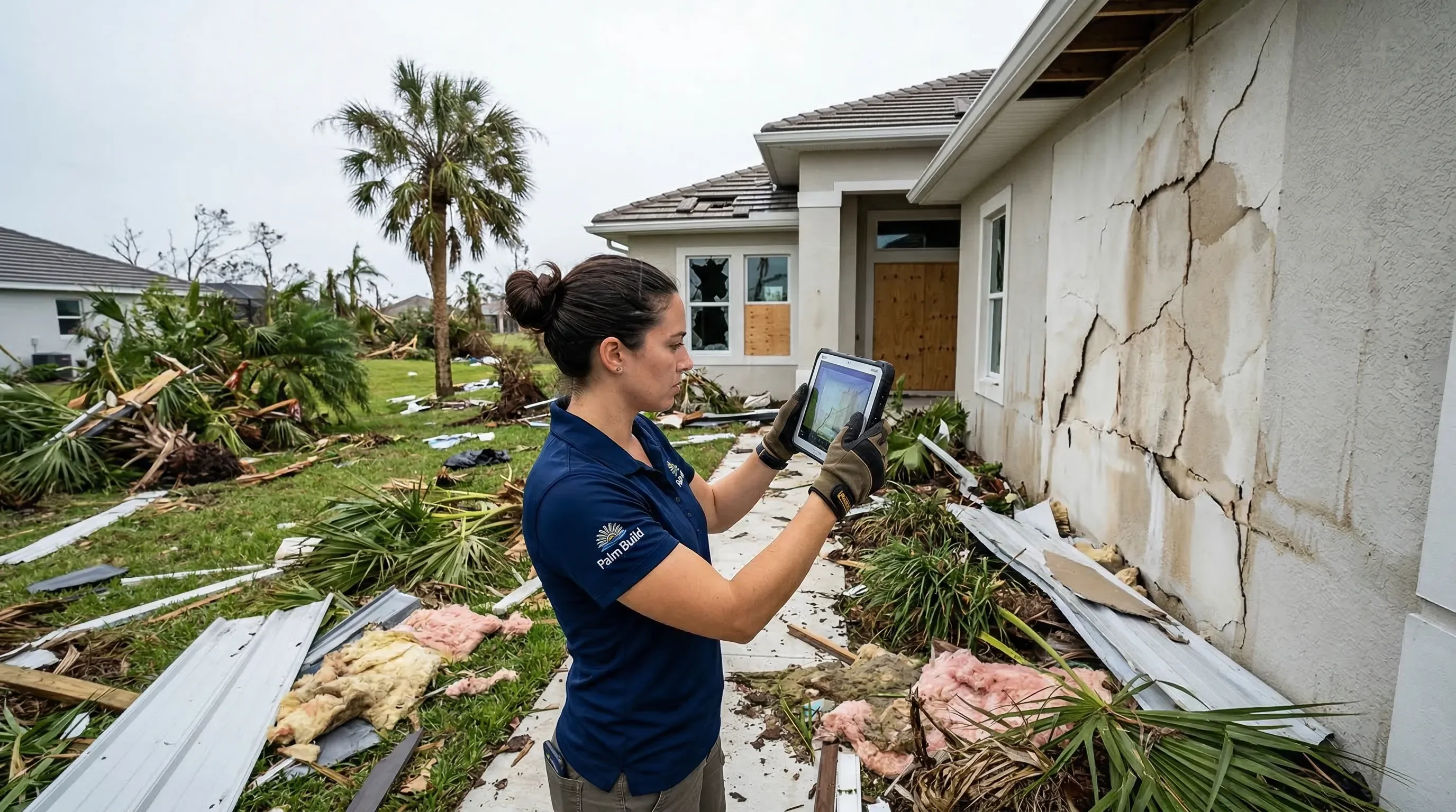 Palm Build restoration crew documenting hurricane damage at a Florida coastal home with tablet and professional equipment