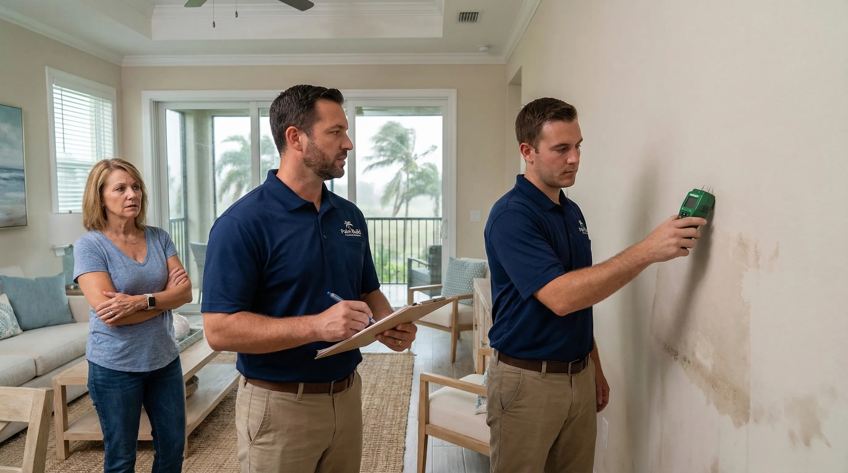 Florida storm-damaged home where a restoration contractor is documenting water damage during a homeowner walkthrough