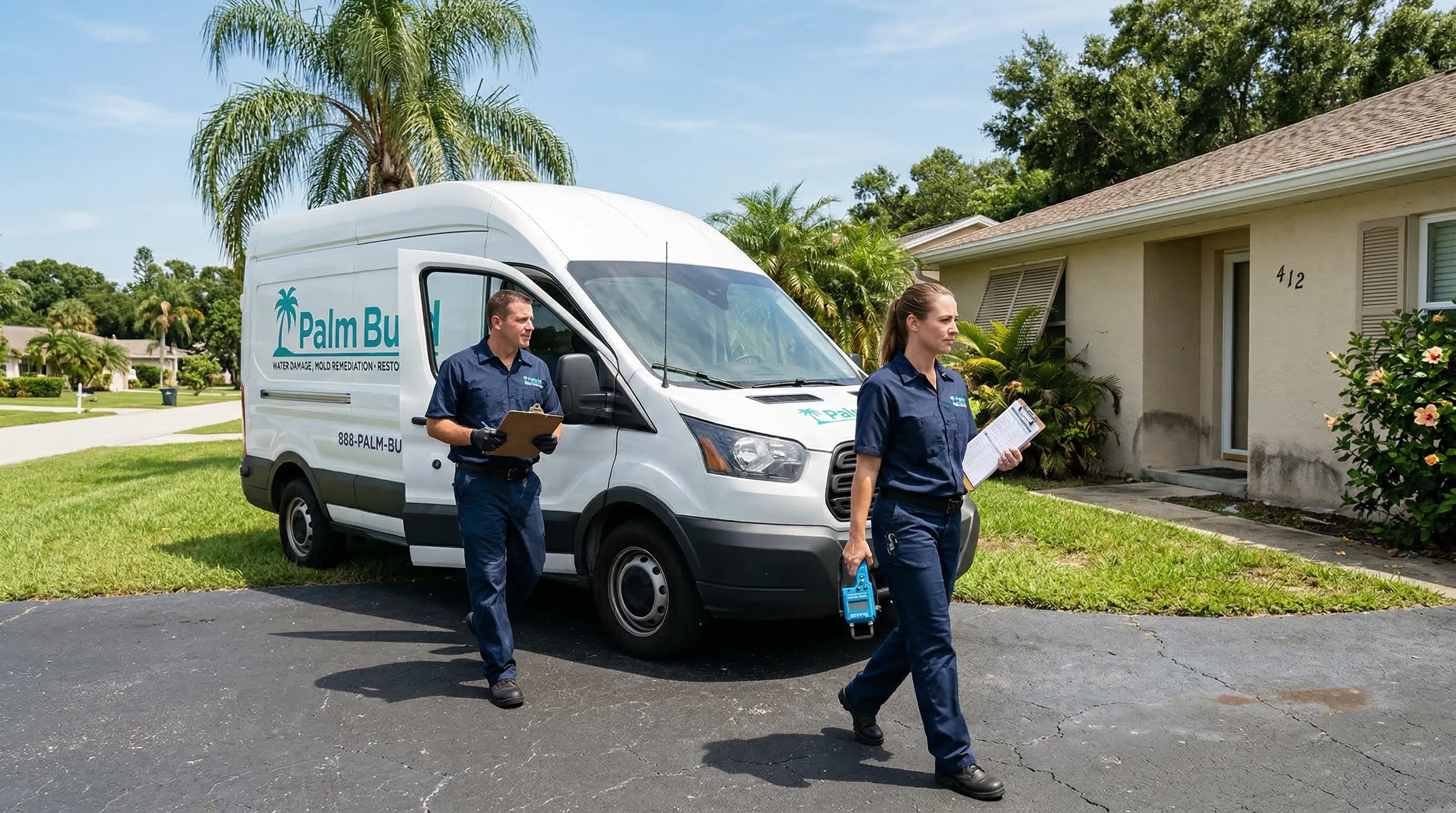 Palm Build restoration team arriving at a water-damaged suburban home with branded service truck and professional equipment