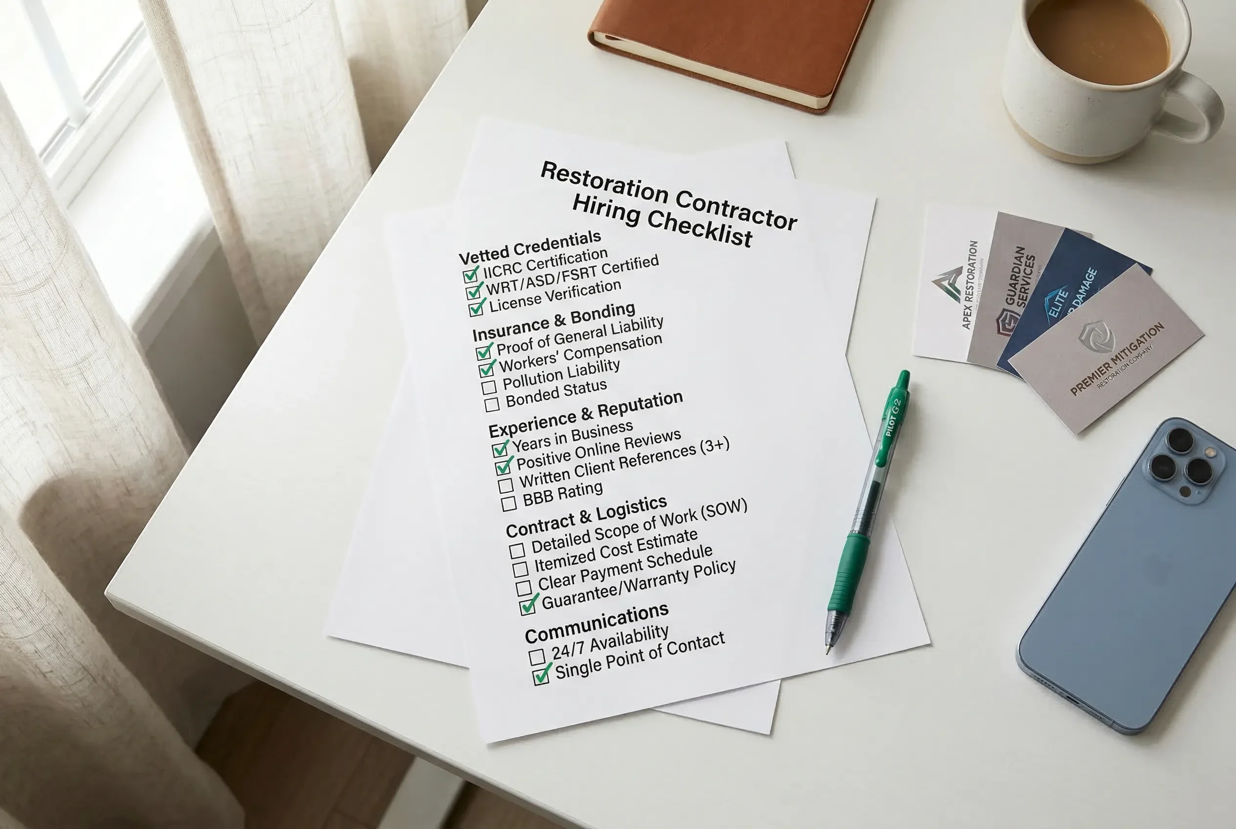 Overhead view of a homeowner's restoration hiring checklist on a desk with checkboxes for IICRC certification, insurance proof, and written scope