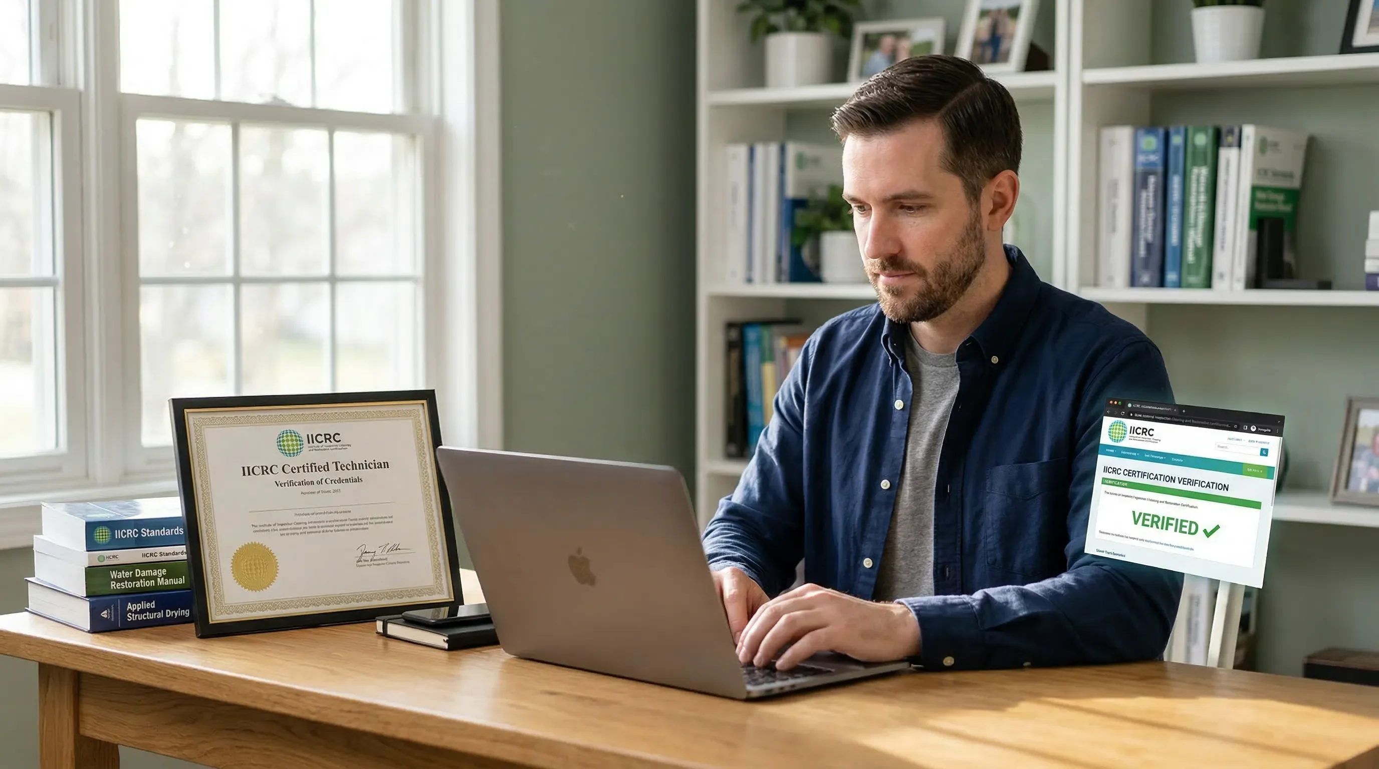 Homeowner at a desk using a laptop to verify IICRC restoration credentials online with printed certification document nearby