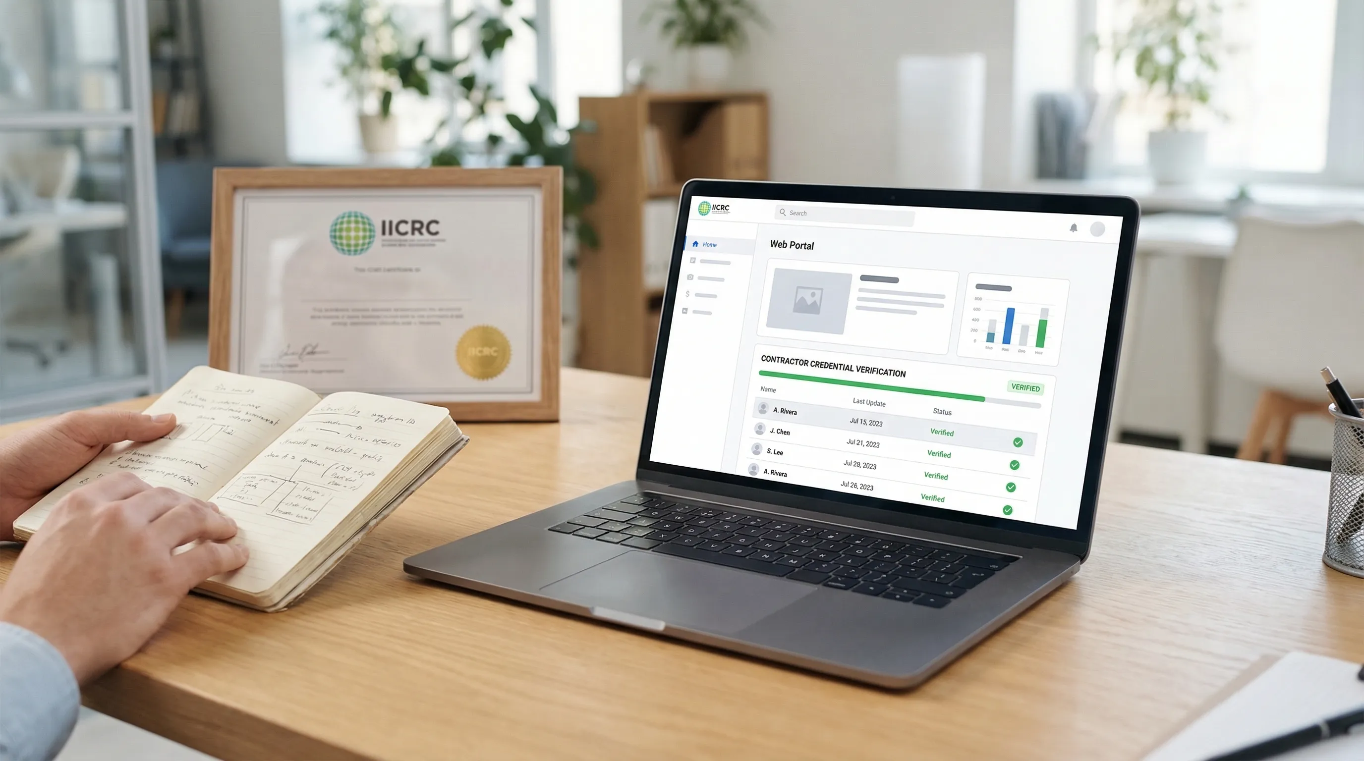 Laptop and paperwork used to verify a restoration firm's professional credentials before hiring