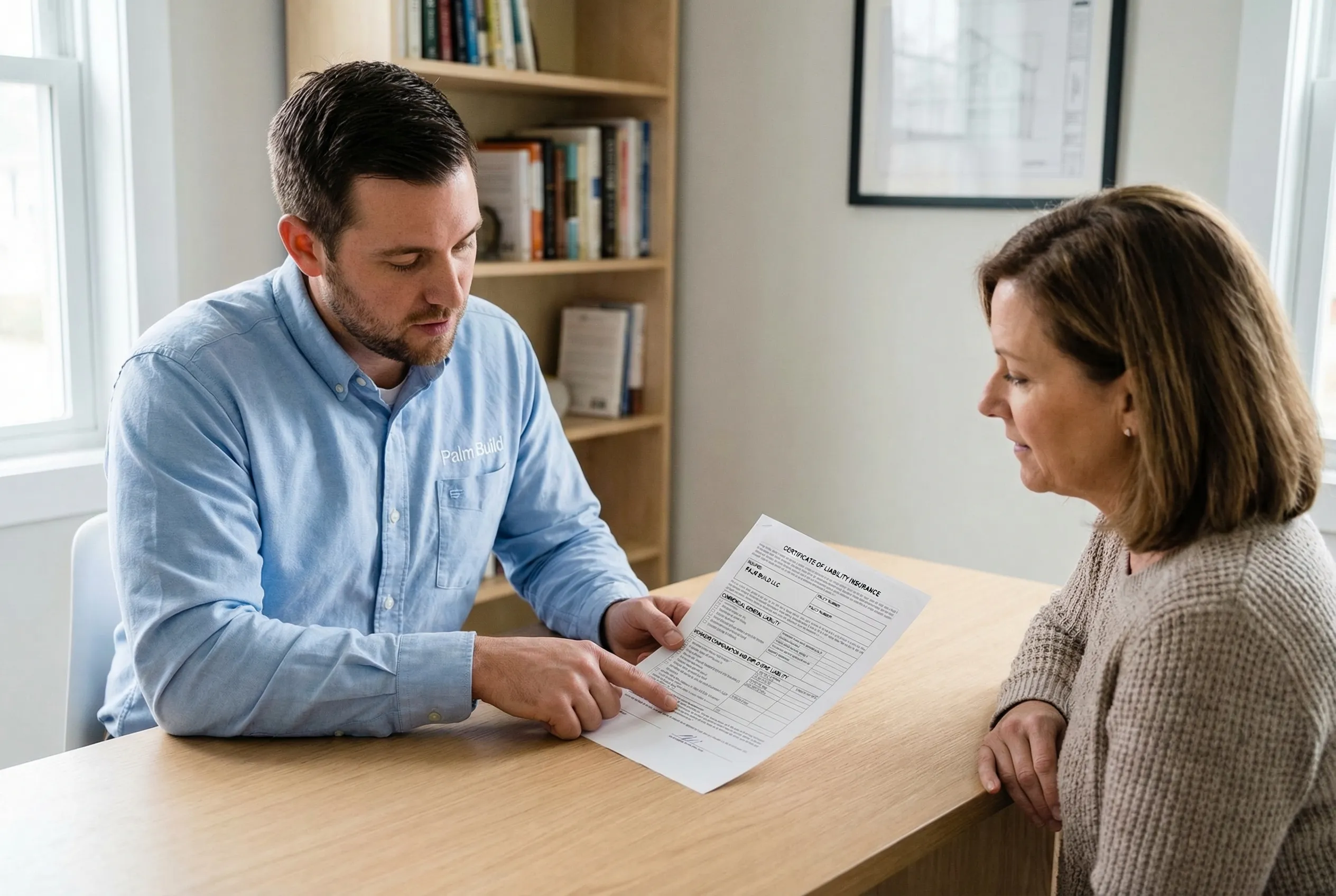 Homeowner and project manager reviewing liability and workers compensation insurance certificates