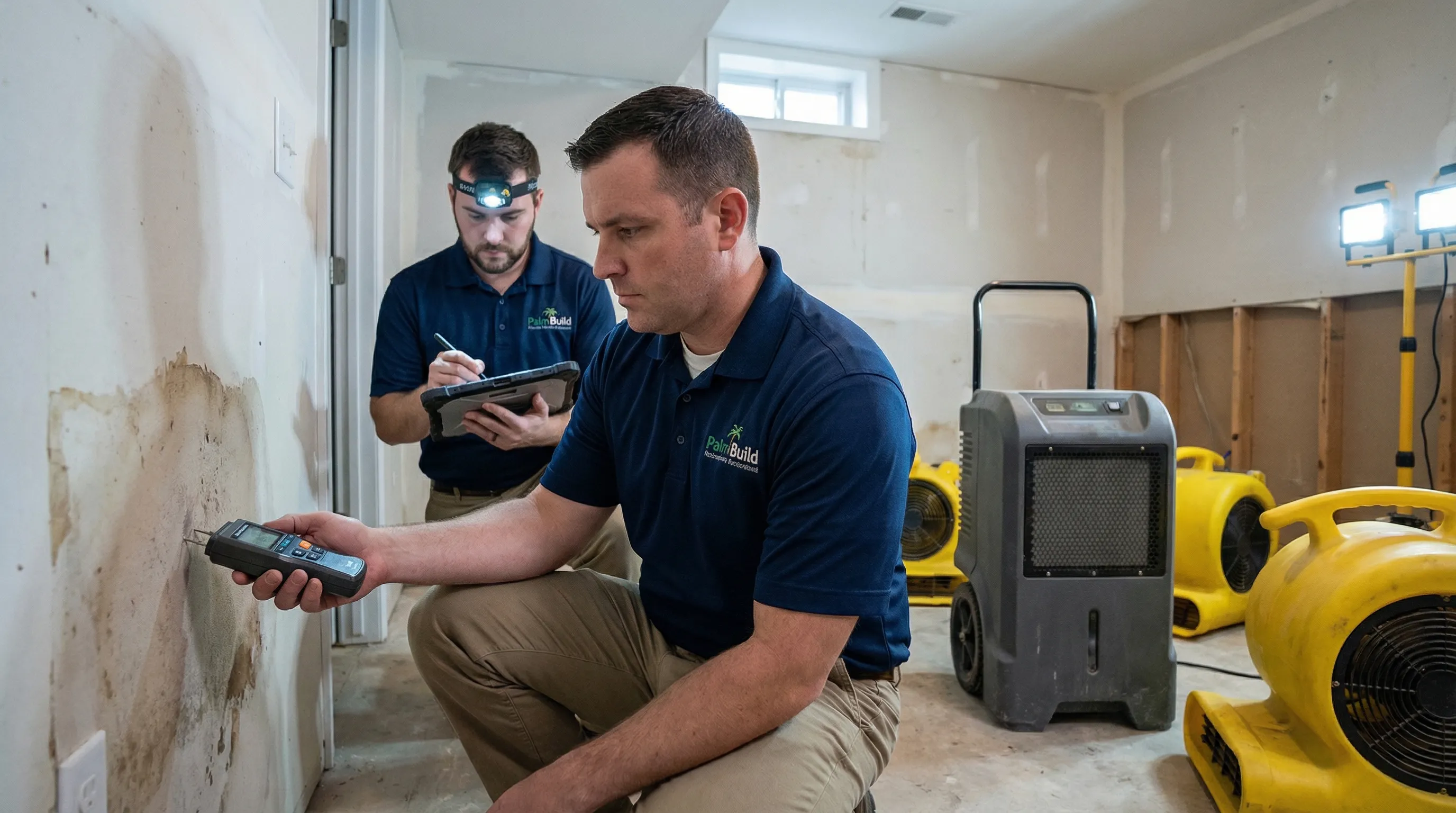 Restoration team recording moisture readings during structural drying with equipment in the background