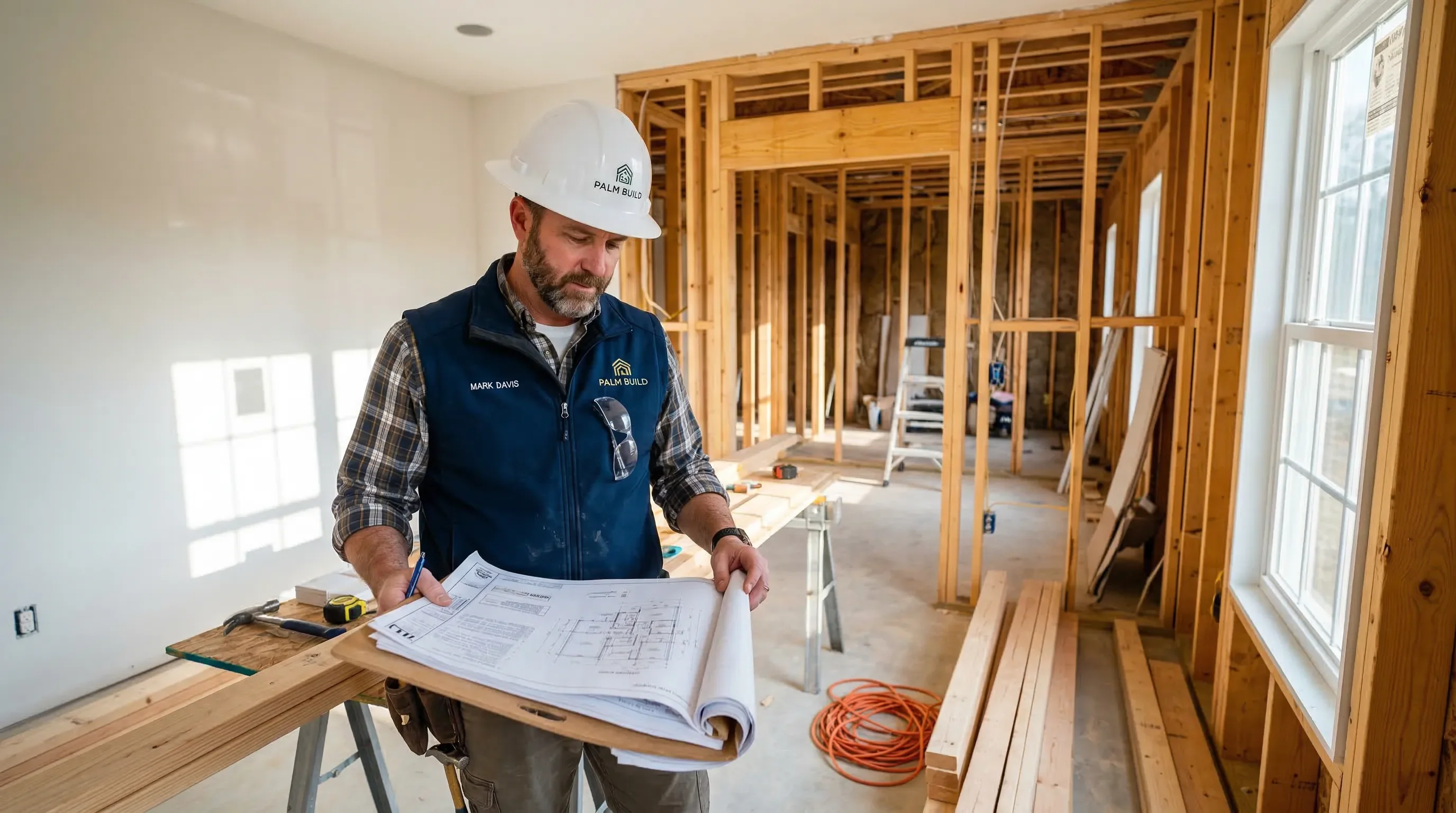 Palm Build contractor in hard hat reviewing building permits and blueprints inside a partially reconstructed North Carolina home