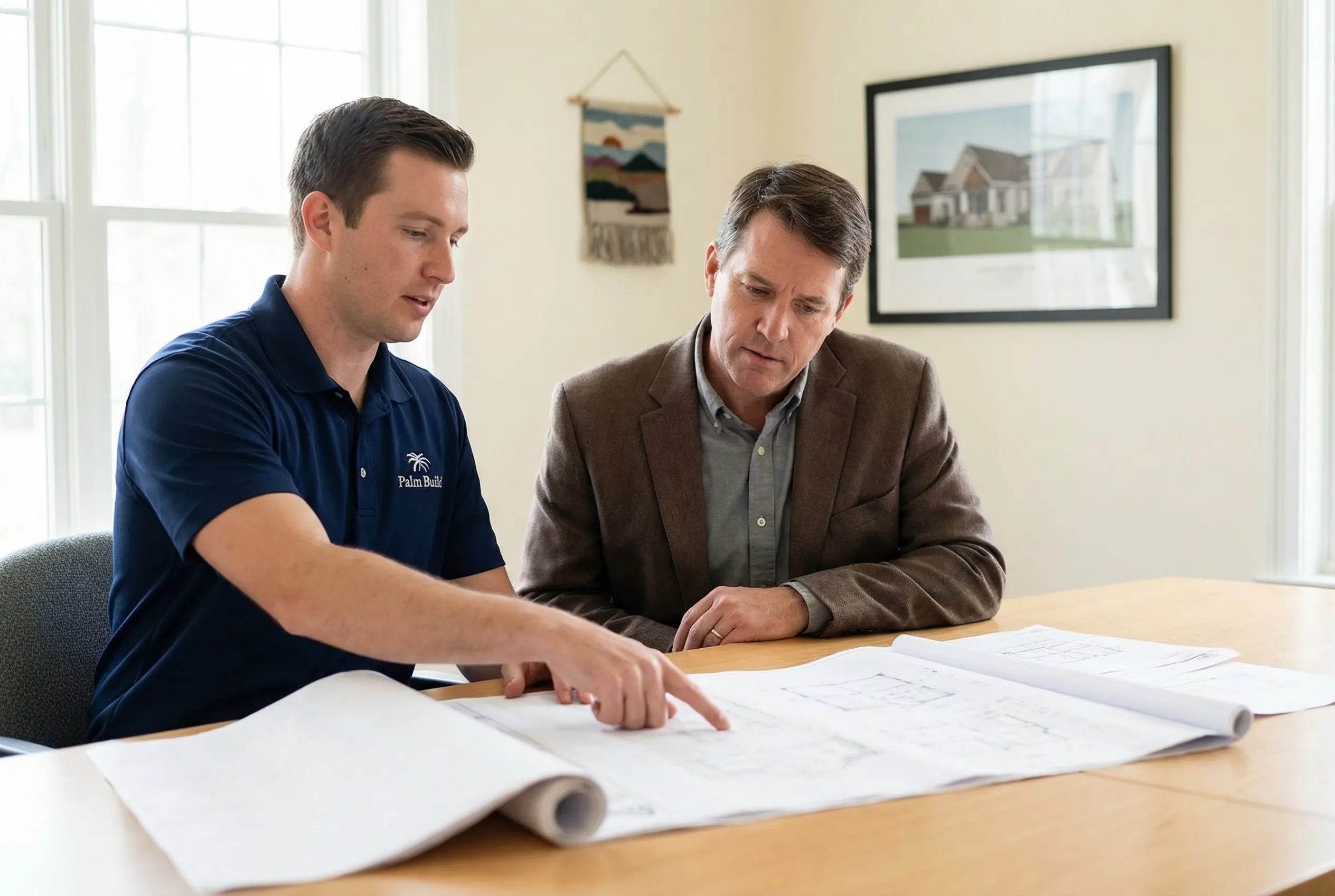 North Carolina homeowner and contractor reviewing permit and rebuild paperwork at a table