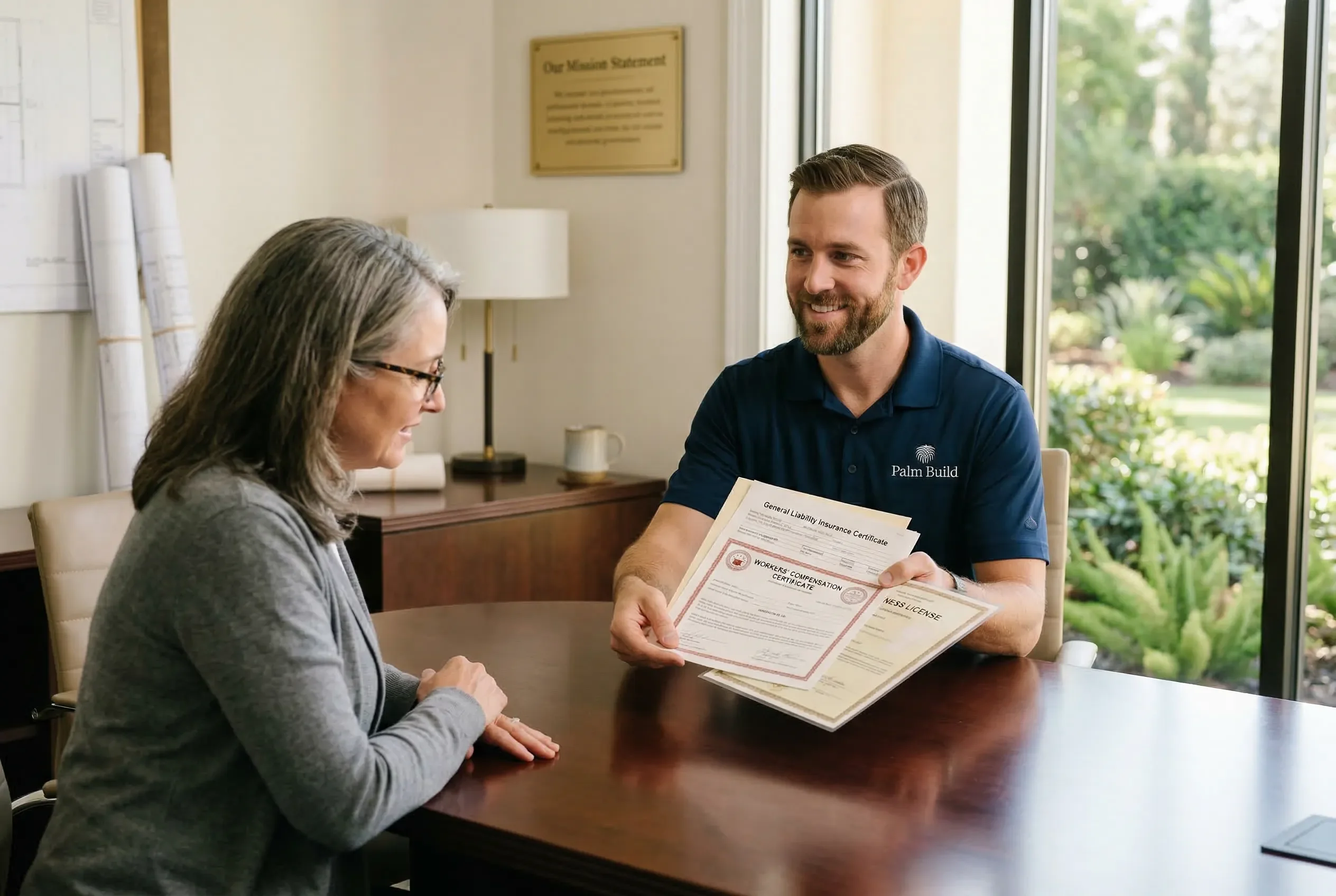 Palm Build team member presenting insurance certificates and business license documents to a homeowner