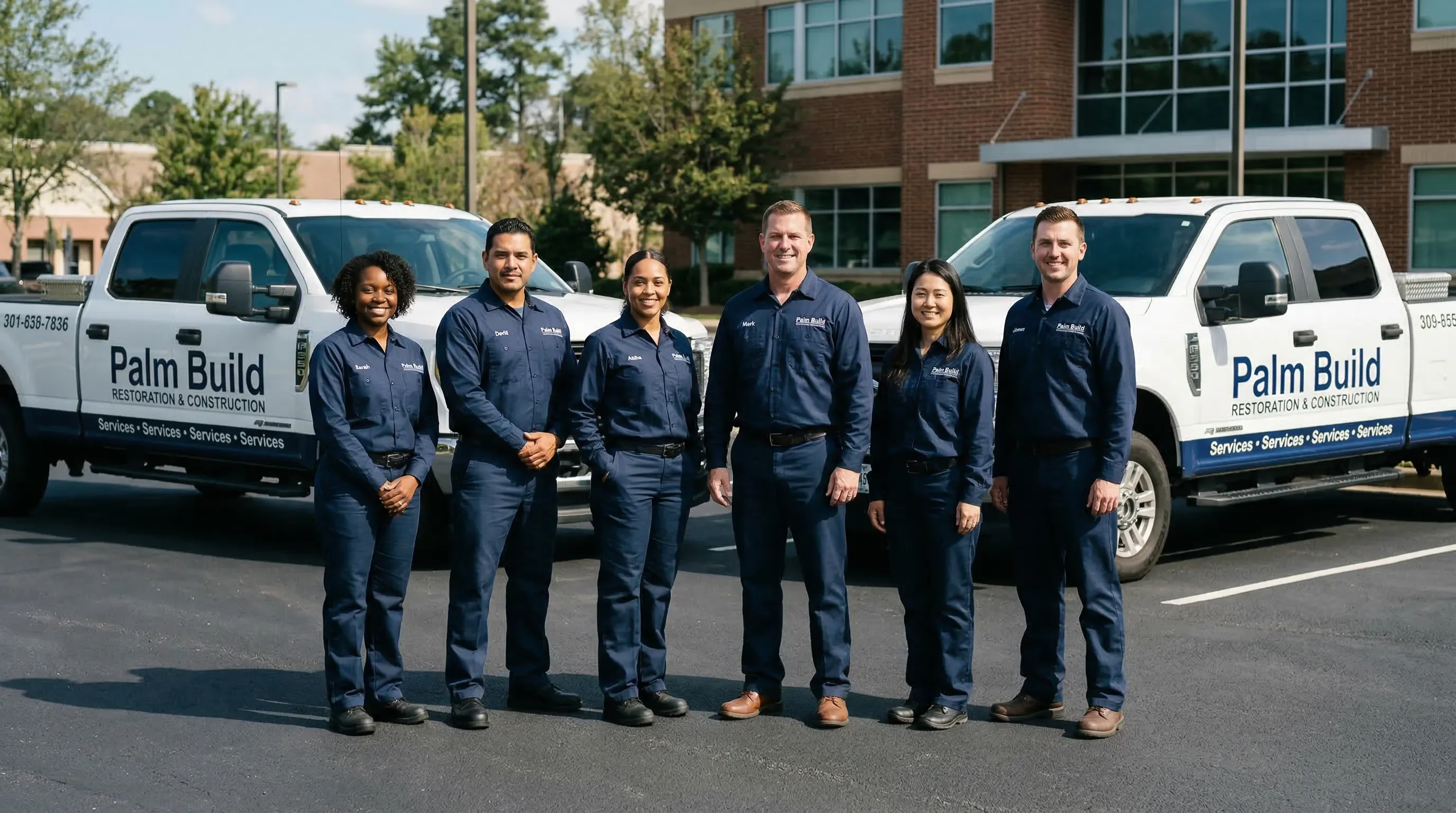 Professional Palm Build restoration team in matching navy uniforms standing in front of branded service trucks
