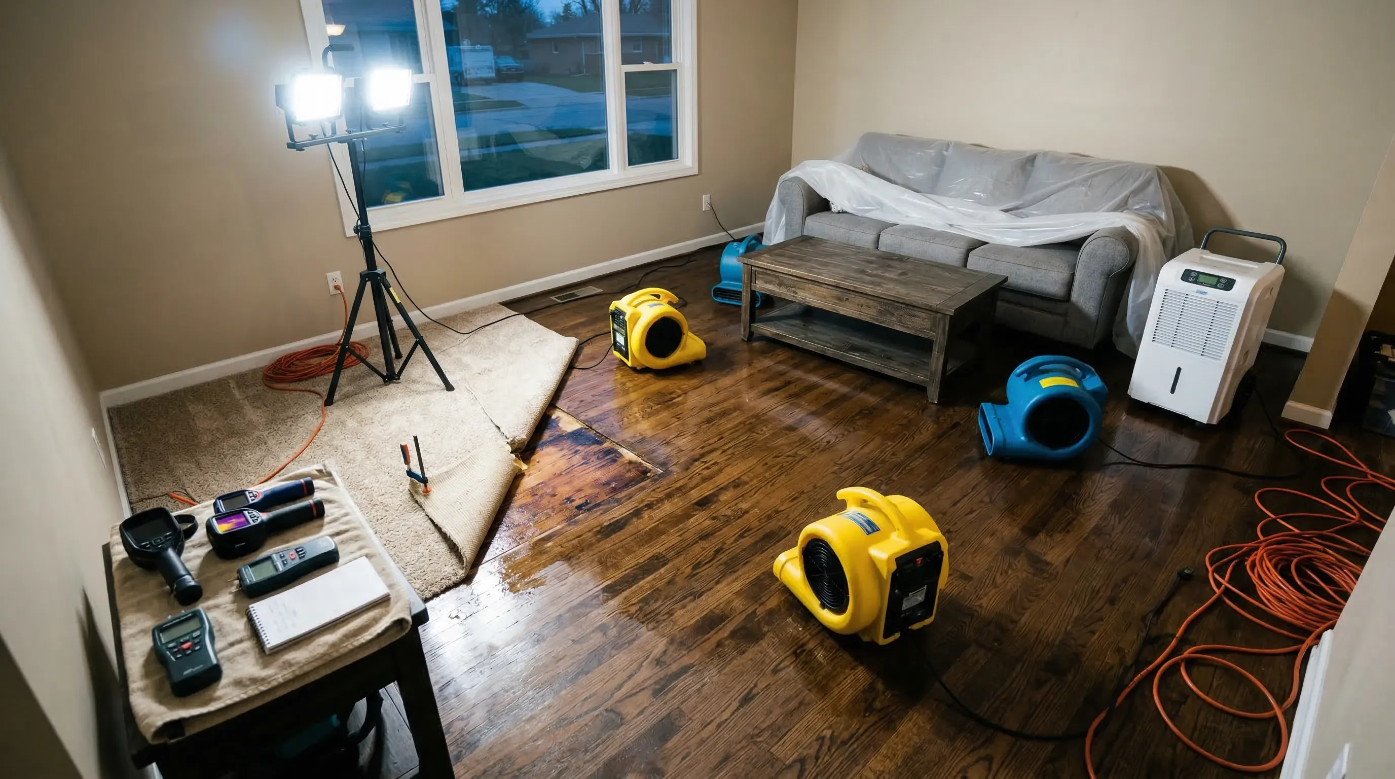 Professional water damage drying setup in a residential living room with industrial air movers, dehumidifiers, and moisture detection equipment